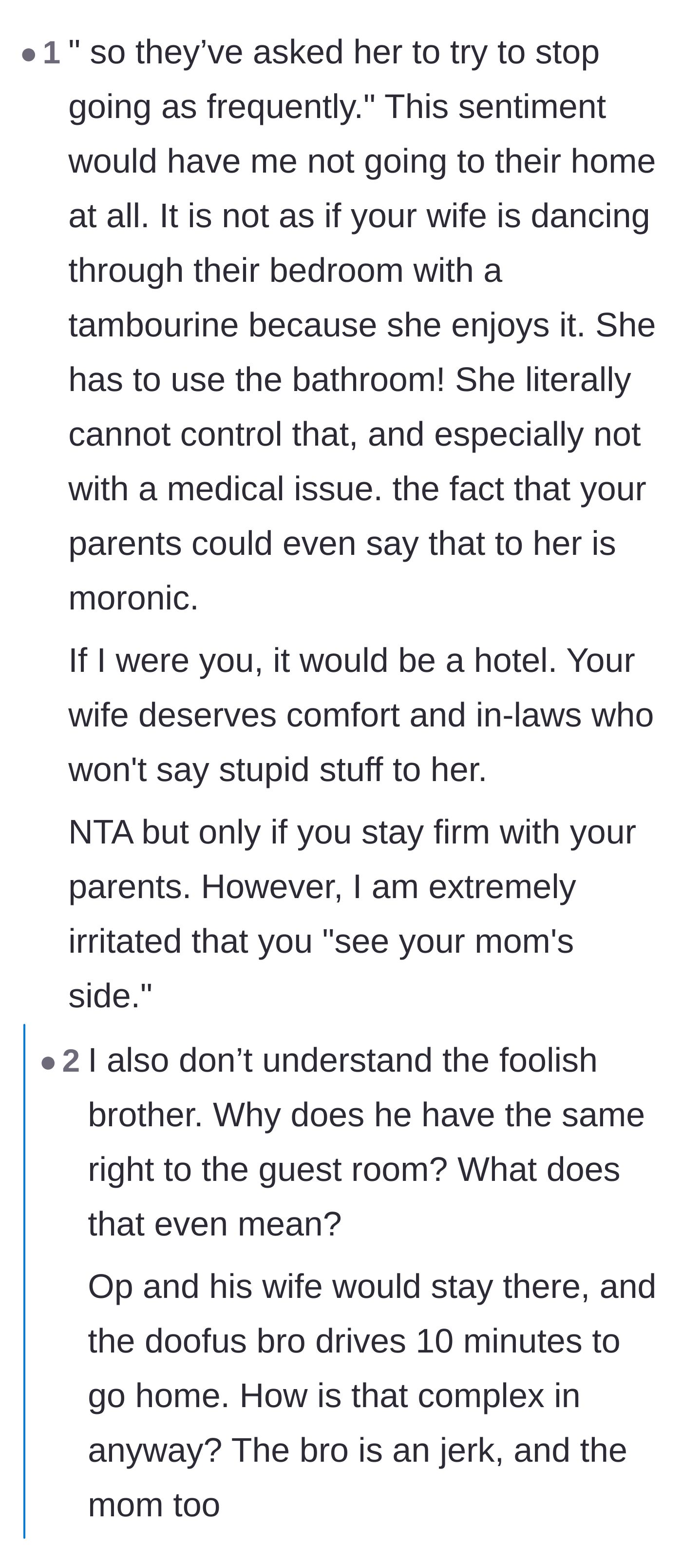 Comment thread 1 - Readers expressing outrage over the parents asking the wife to use the bathroom less for a medical condition.