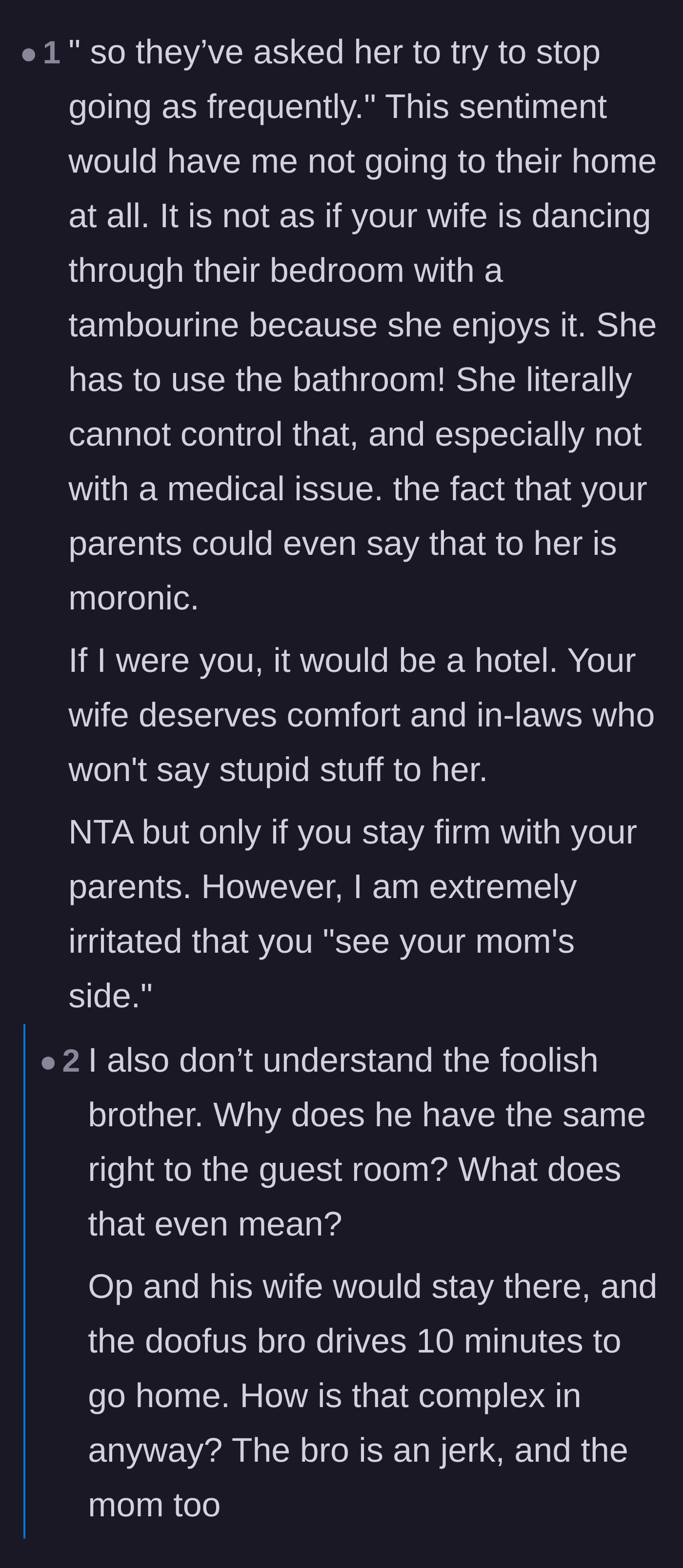 Comment thread 1 - Readers expressing outrage over the parents asking the wife to use the bathroom less for a medical condition.
