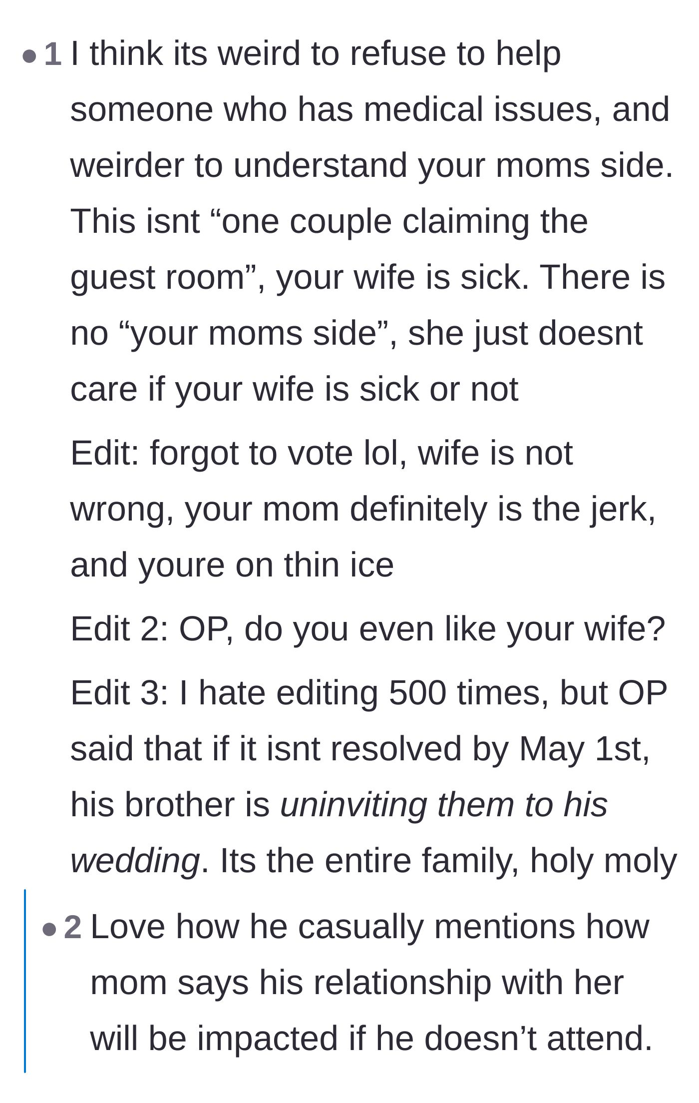 Comment thread 2 - Commenters calling out the mother's manipulative behavior and questioning the husband's affection for his wife.