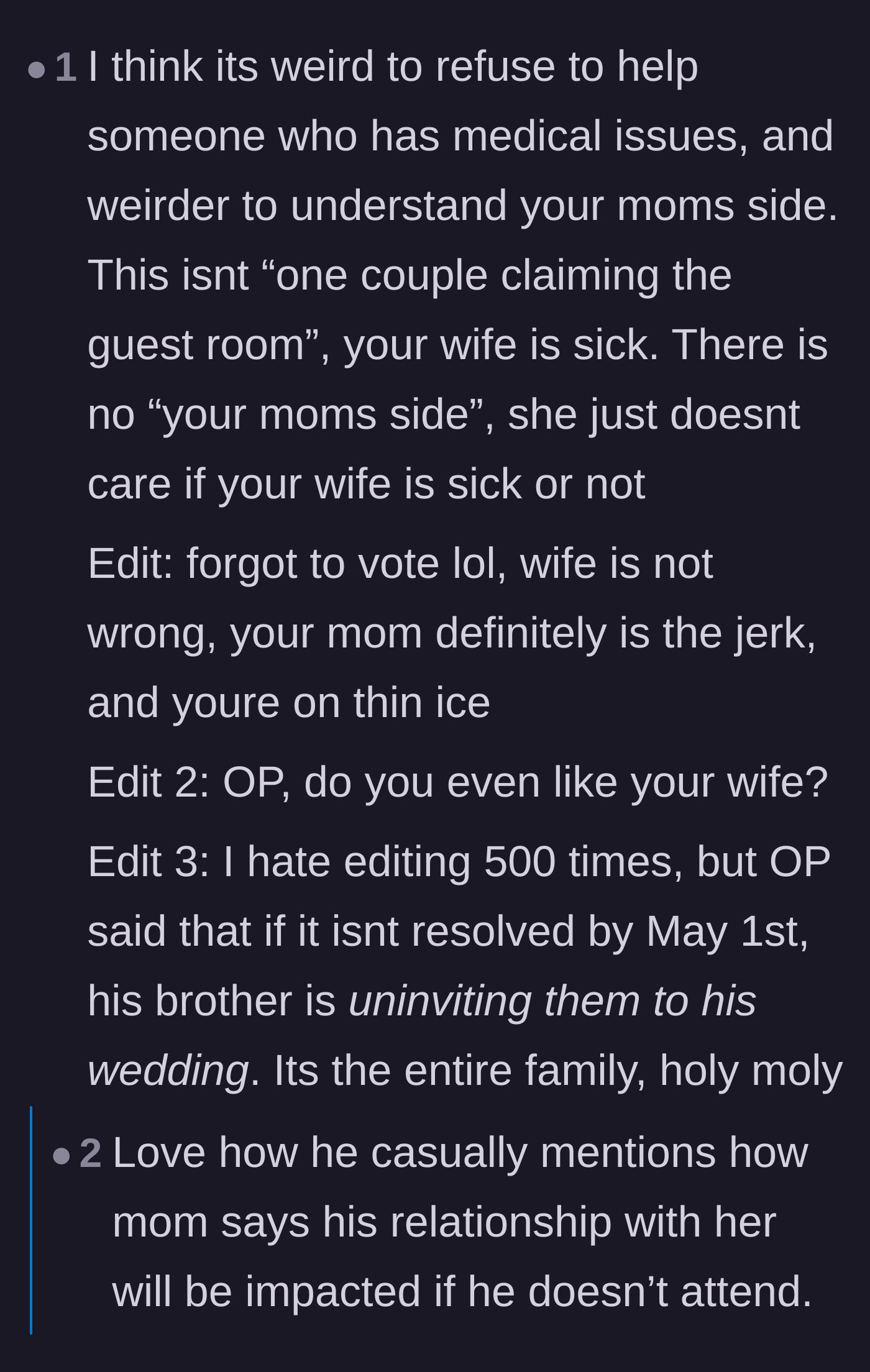 Comment thread 2 - Commenters calling out the mother's manipulative behavior and questioning the husband's affection for his wife.