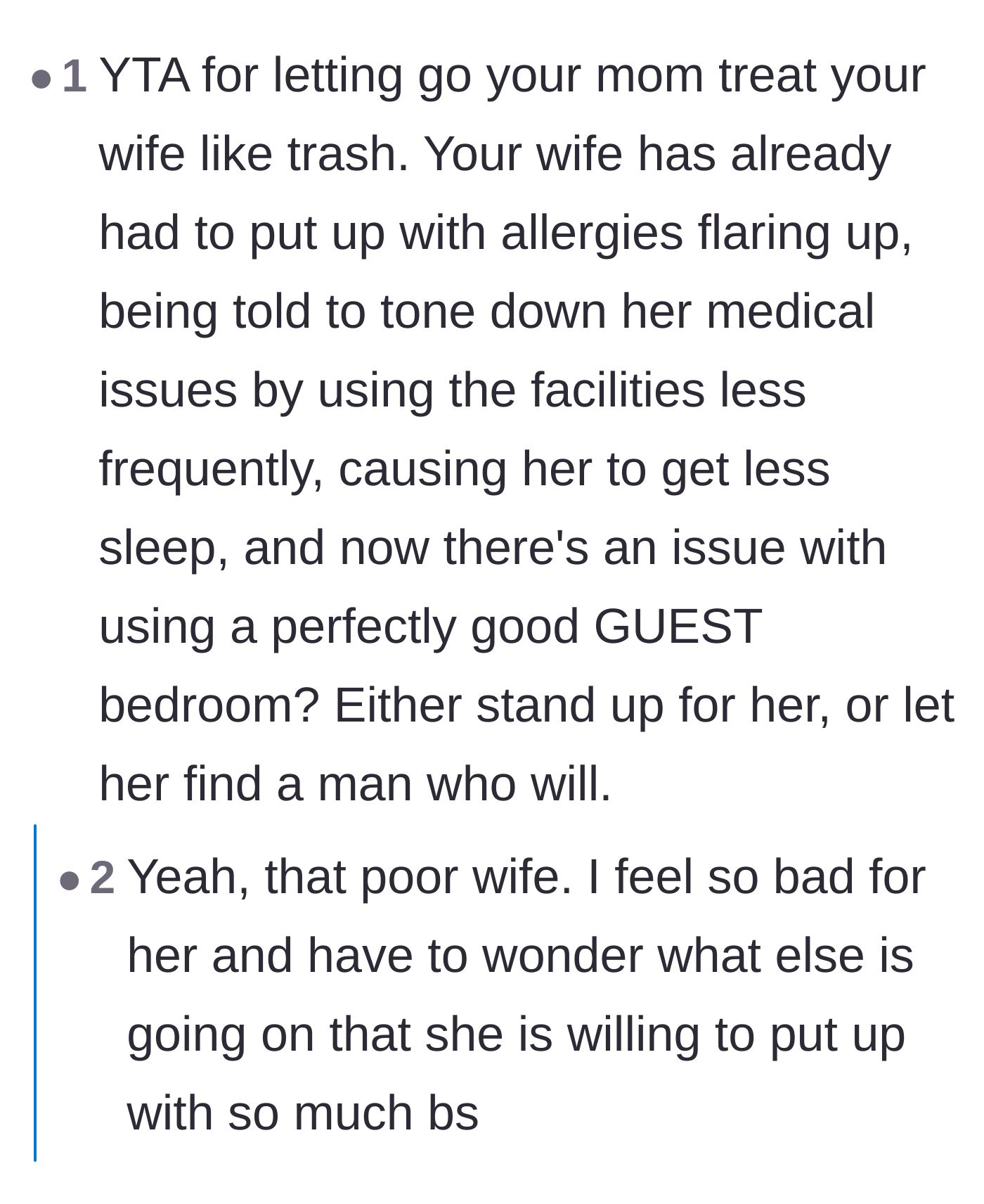 Comment thread 3 - Users pointing out that a guest room is literally meant for guests and suggesting the husband needs therapy.