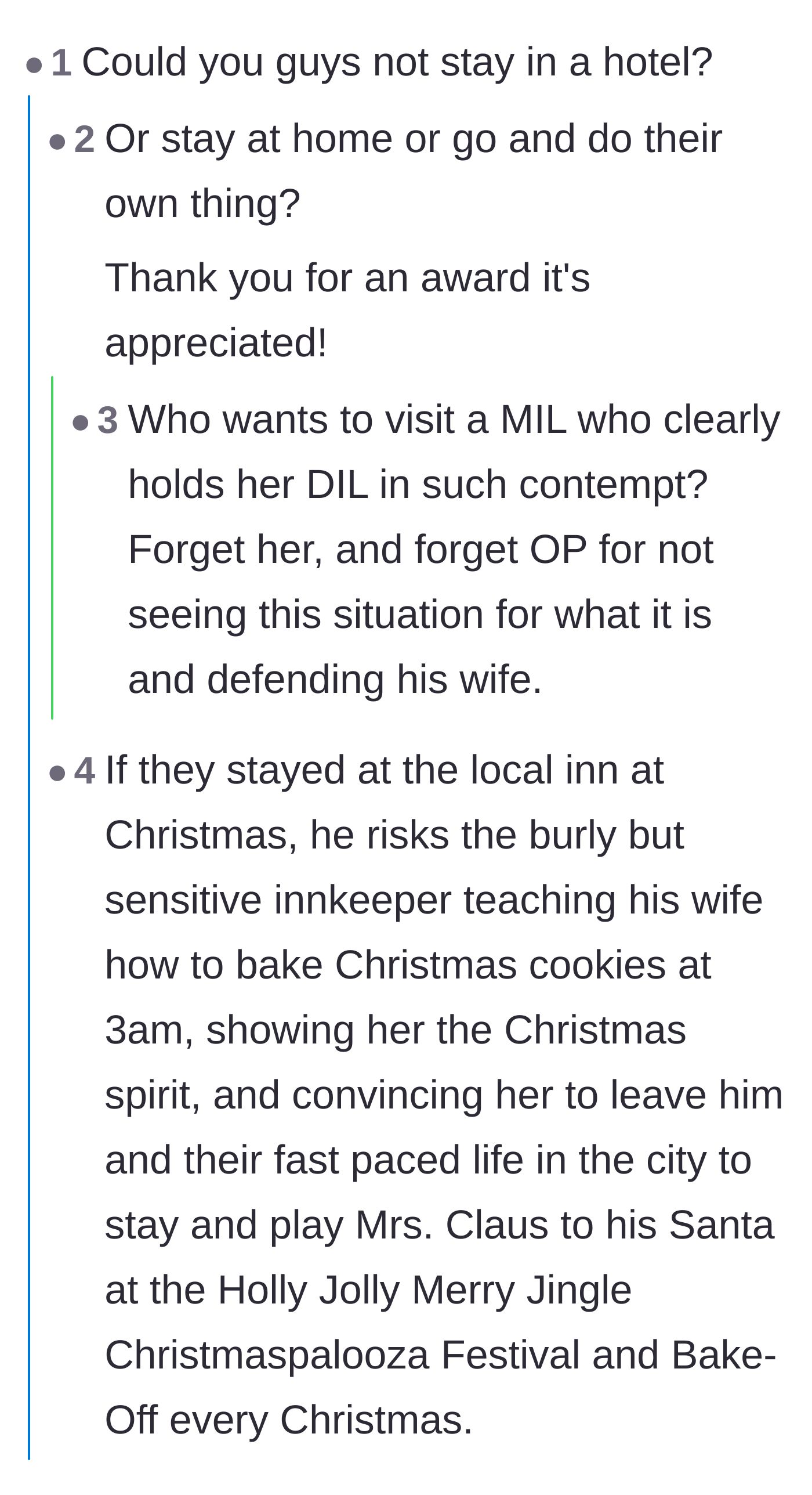 Comment thread 5 - A hilarious tangent where commenters joke about the wife falling in love with a local innkeeper like a Hallmark movie.