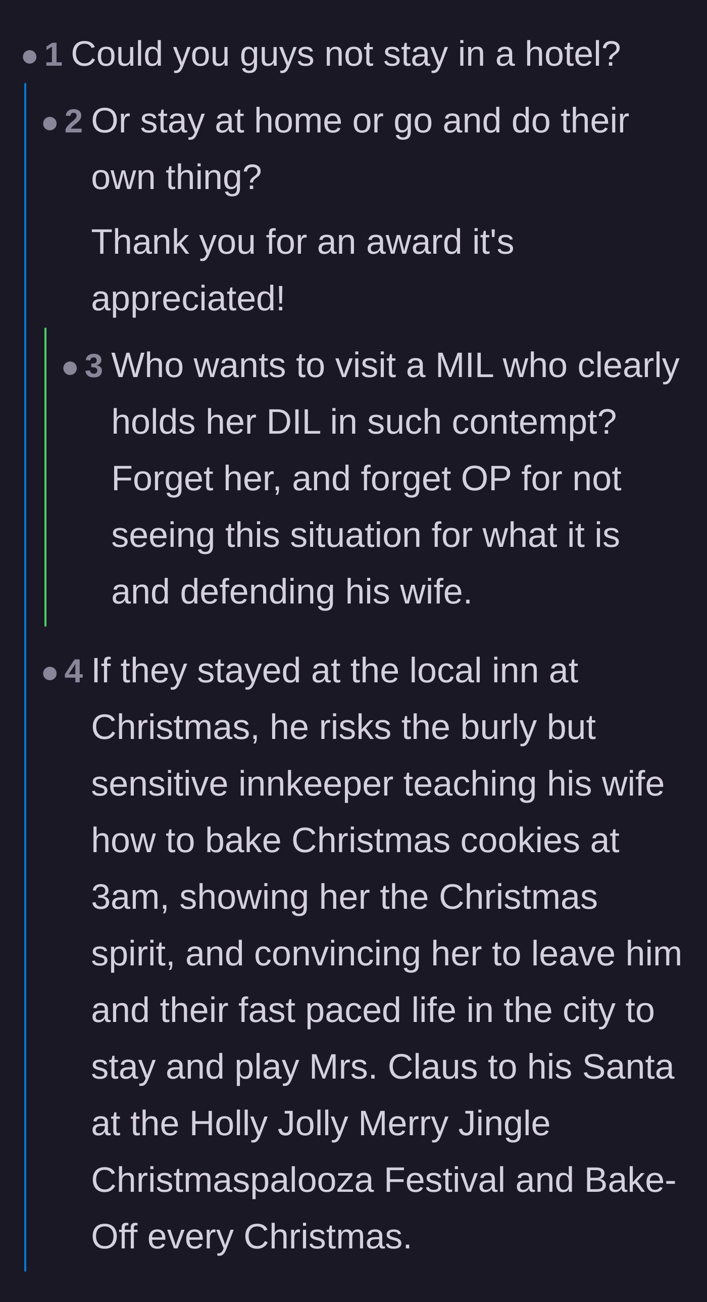Comment thread 5 - A hilarious tangent where commenters joke about the wife falling in love with a local innkeeper like a Hallmark movie.