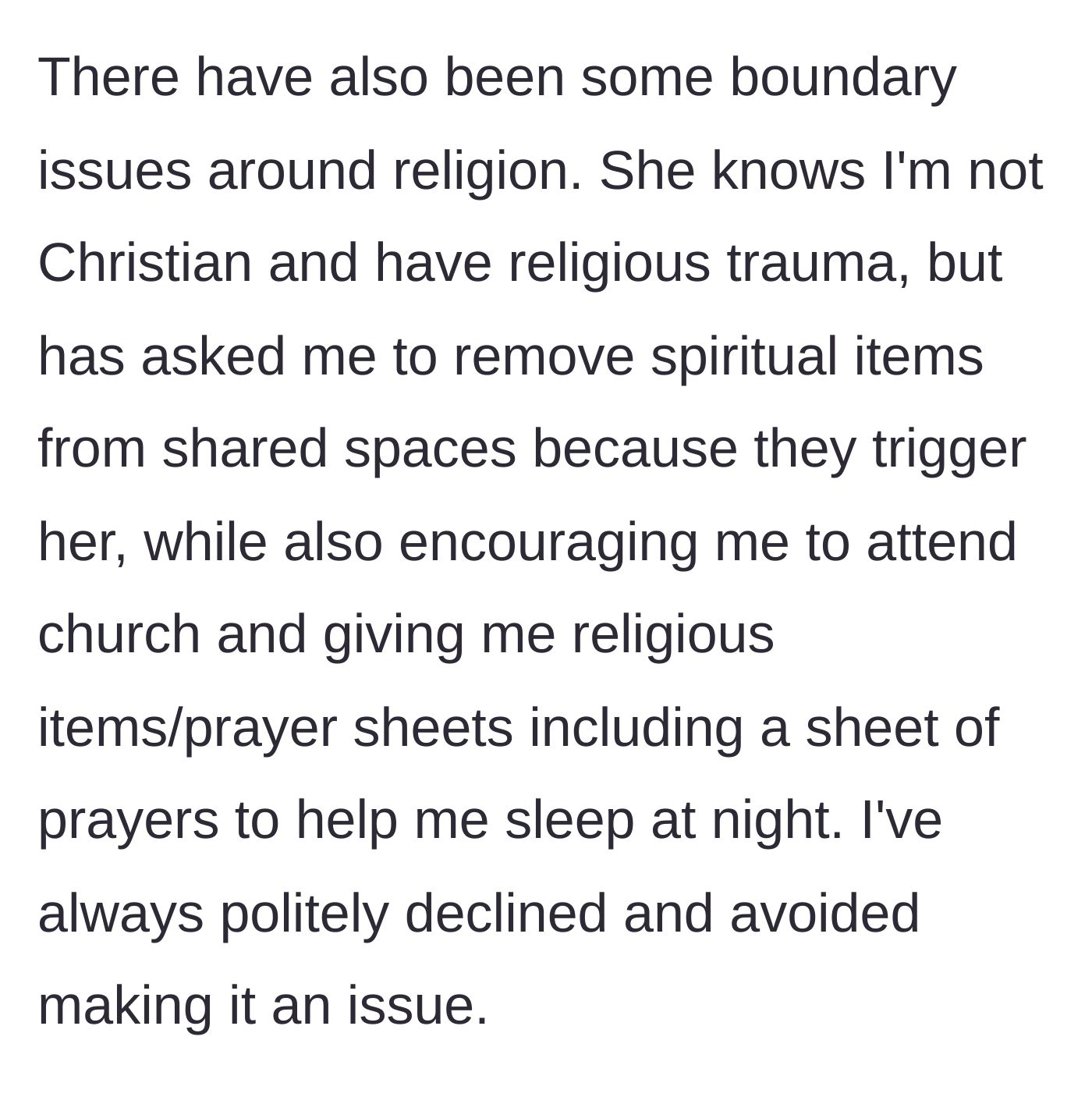 Story part 7 - The roommate forces the main character to hide her spiritual items because they trigger her, but hypocritically forces Christian prayer sheets on the main character for her insomnia.