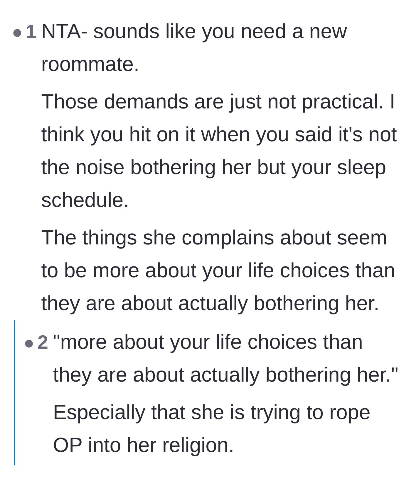 Comment thread 1 - Users discuss how the roommate's complaints are actually about controlling the author's life choices and pushing her religion.