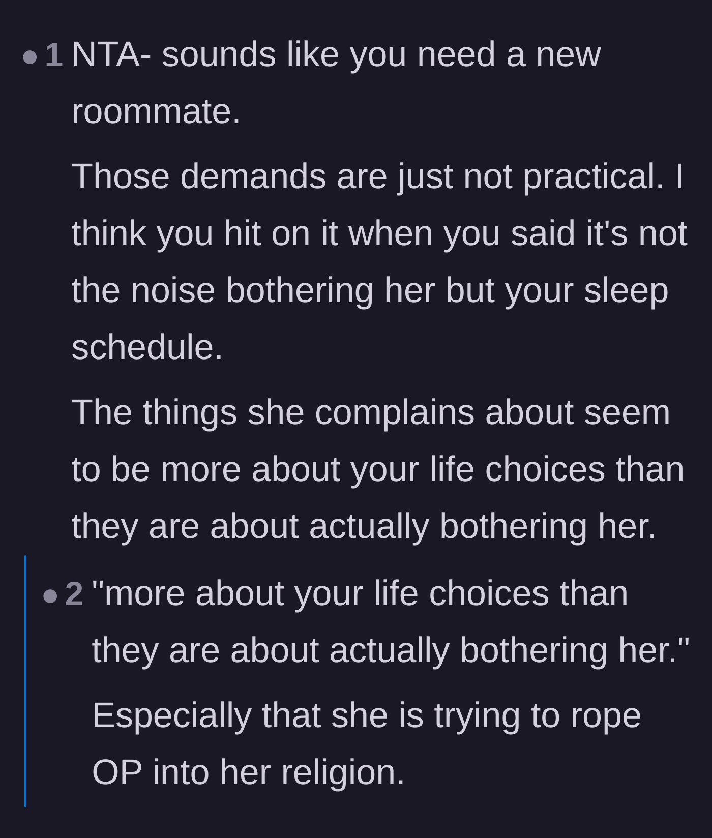 Comment thread 1 - Users discuss how the roommate's complaints are actually about controlling the author's life choices and pushing her religion.