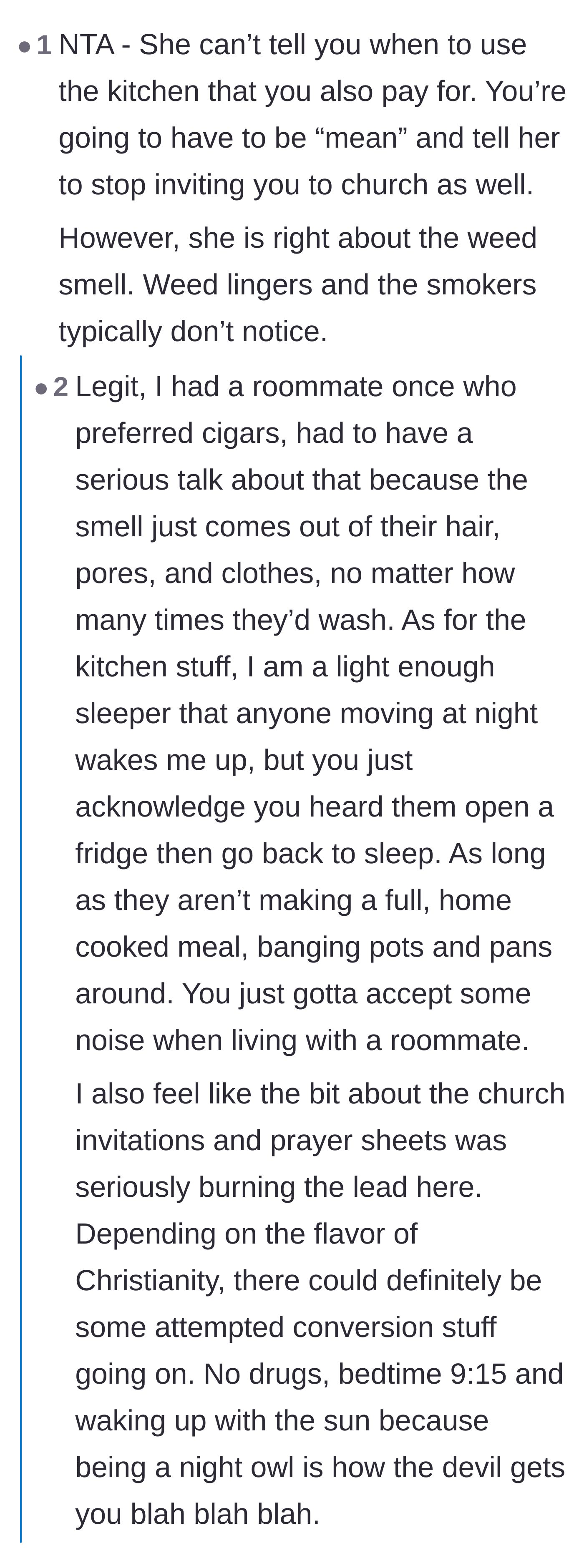 Comment thread 4 - A discussion about how the lingering weed smell is a valid complaint, but the religious conversion attempts are the real, terrifying issue.