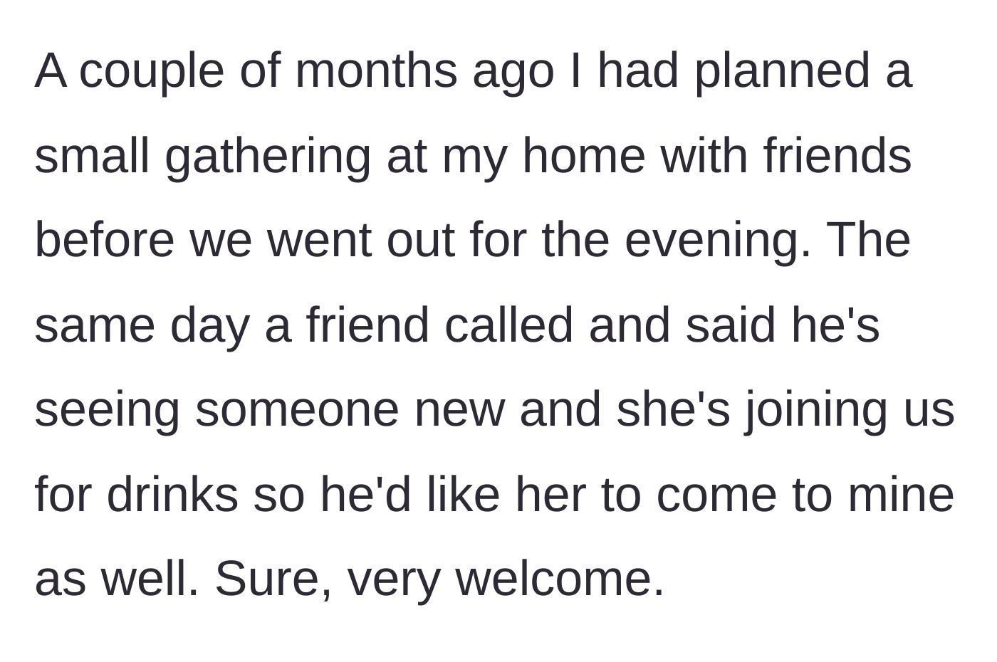 Story part 1 - A text conversation where a friend invites his new girlfriend to a pre-drinks gathering at the last minute.