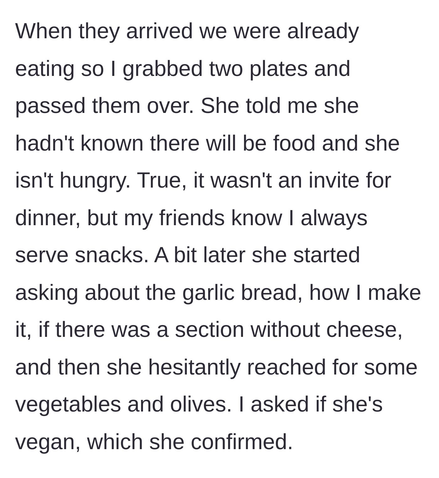 Story part 2 - A dinner table scene where a new girlfriend hesitates over snacks before revealing she is vegan.