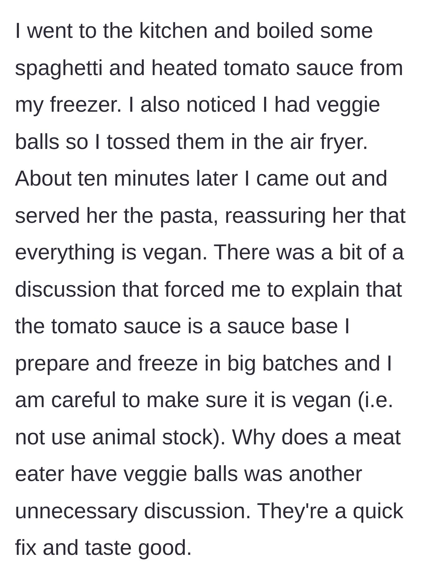 Story part 3 - A host cooking a quick vegan meal of spaghetti and veggie balls in the kitchen.