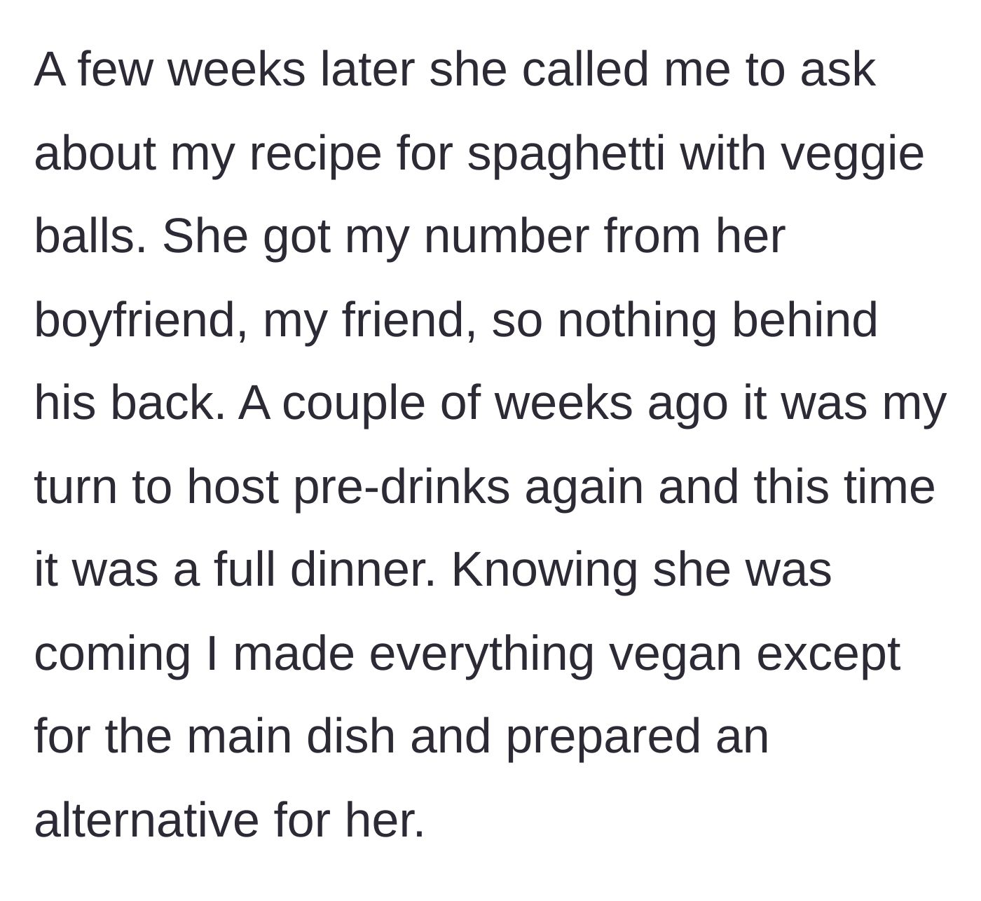 Story part 4 - A phone call between the host and the girlfriend discussing a recipe, followed by a fully vegan dinner party spread.
