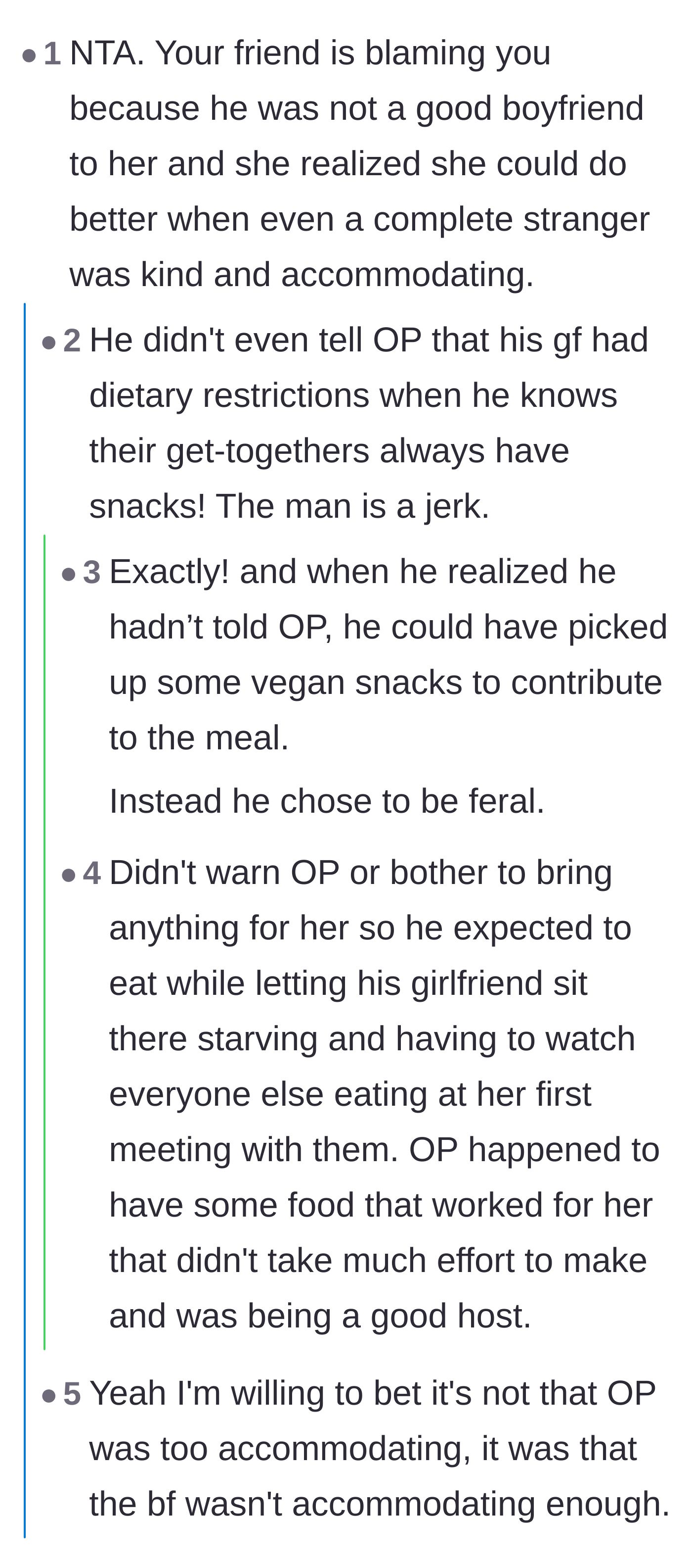 Comment thread 1 - Calling out the boyfriend for failing to communicate dietary restrictions and leaving his girlfriend to starve.