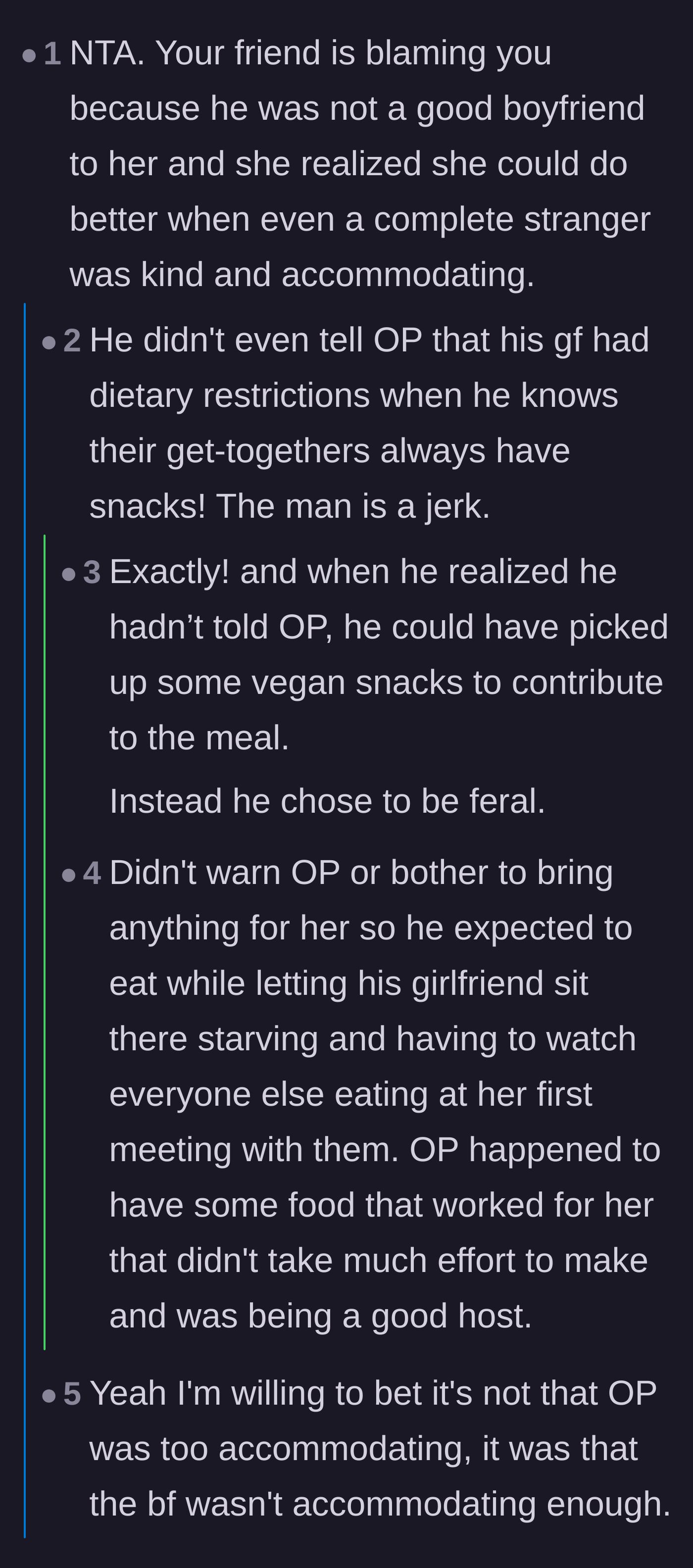 Comment thread 1 - Calling out the boyfriend for failing to communicate dietary restrictions and leaving his girlfriend to starve.