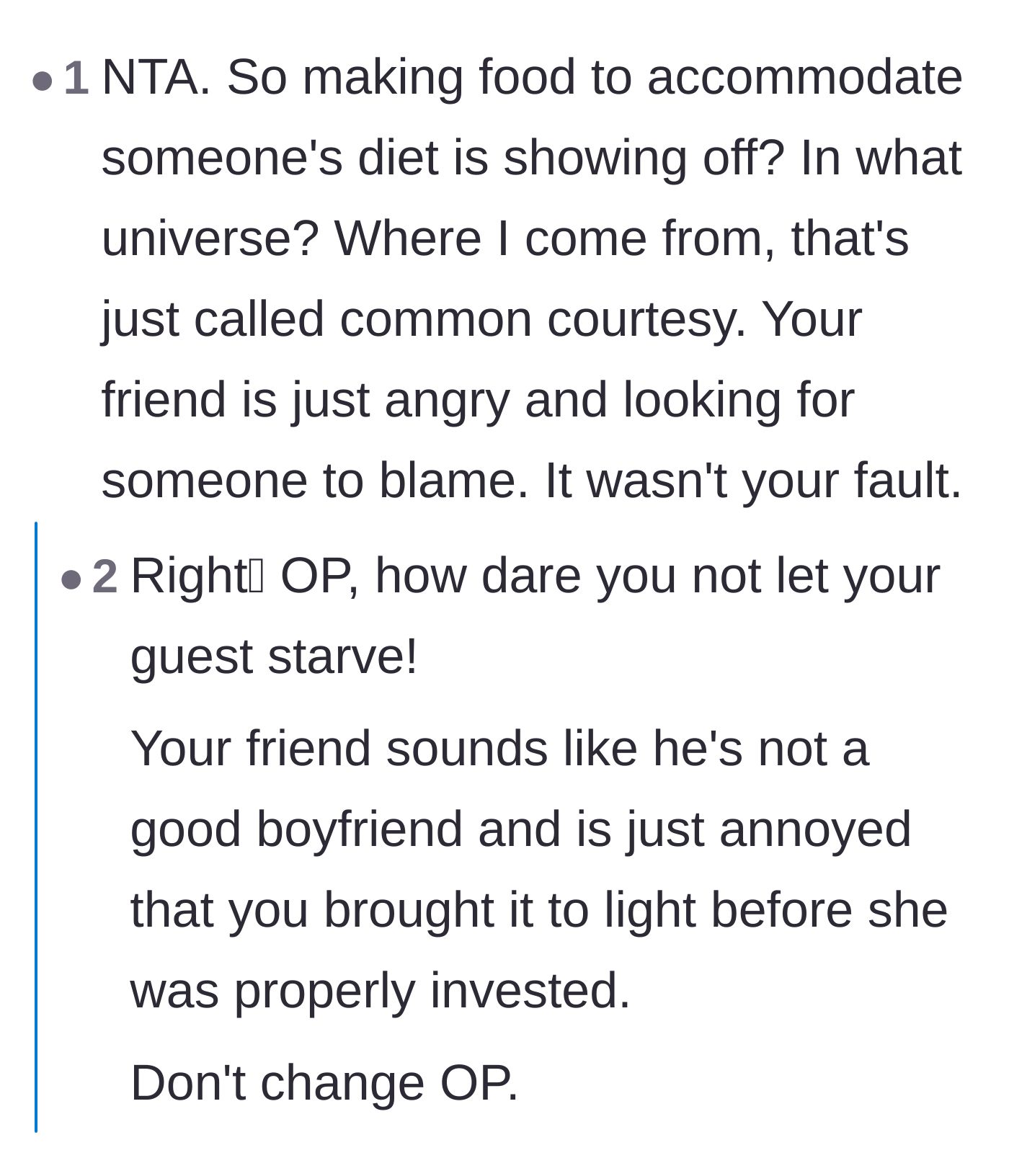 Comment thread 2 - Debating whether providing food for a guest is showing off or just basic human decency.