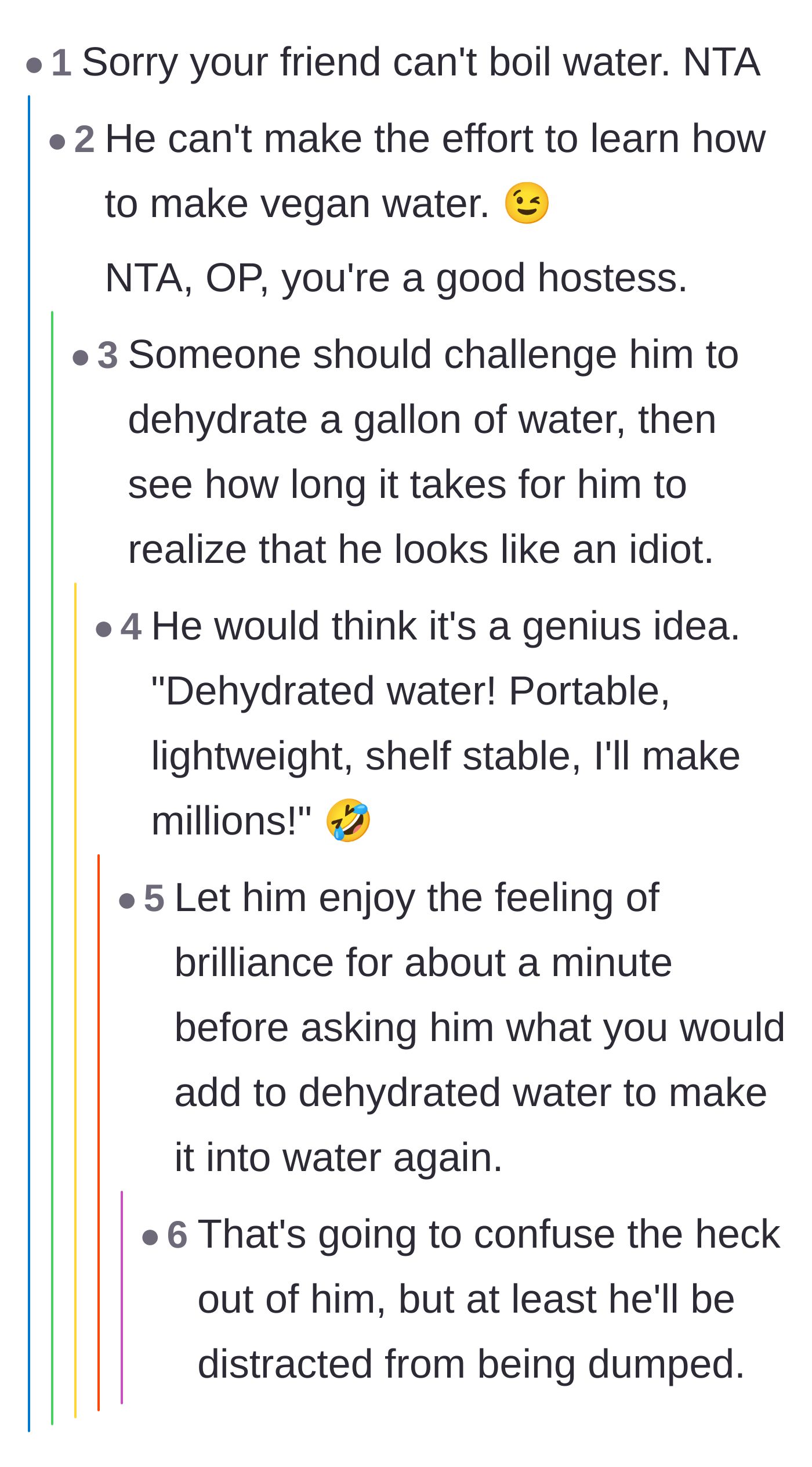 Comment thread 3 - Readers joking about the boyfriend's lack of cooking skills and inability to make vegan water.