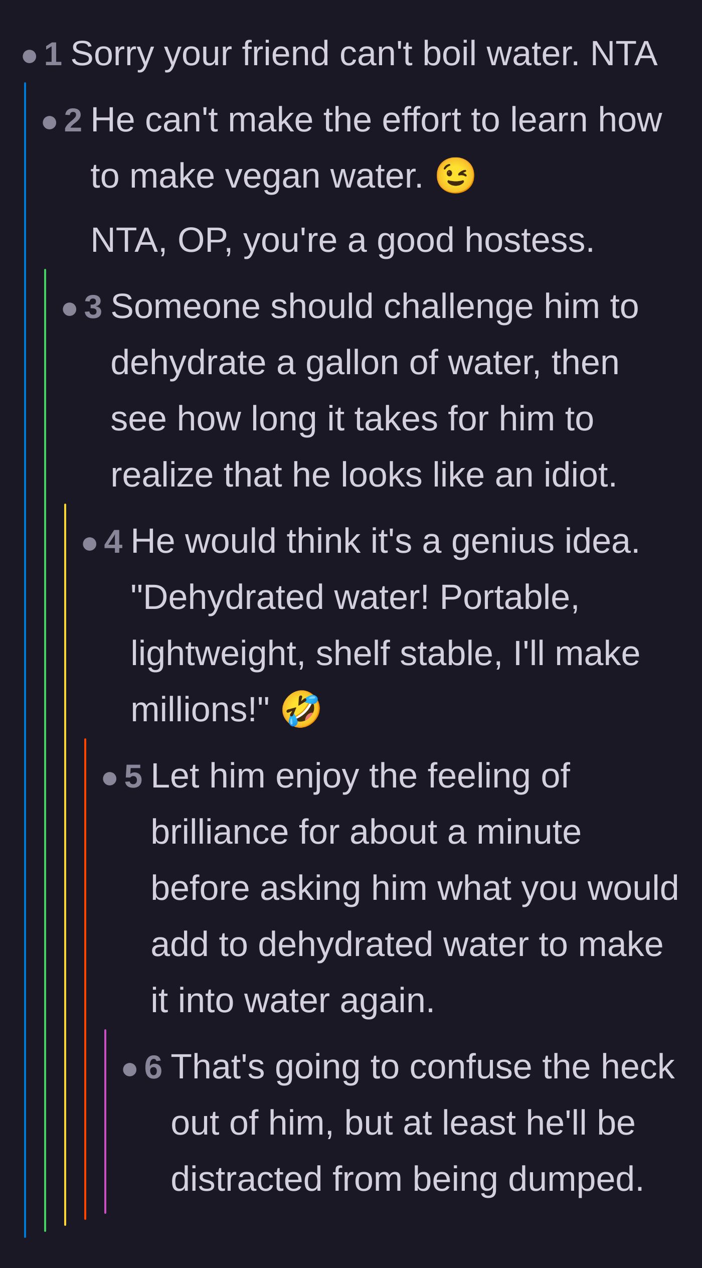 Comment thread 3 - Readers joking about the boyfriend's lack of cooking skills and inability to make vegan water.