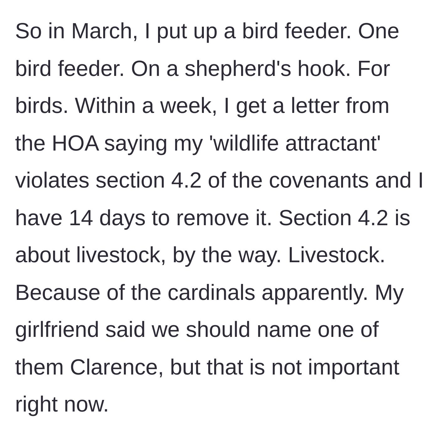 Story part 2 - The absurd HOA violation letter equating a single bird feeder to attracting livestock.