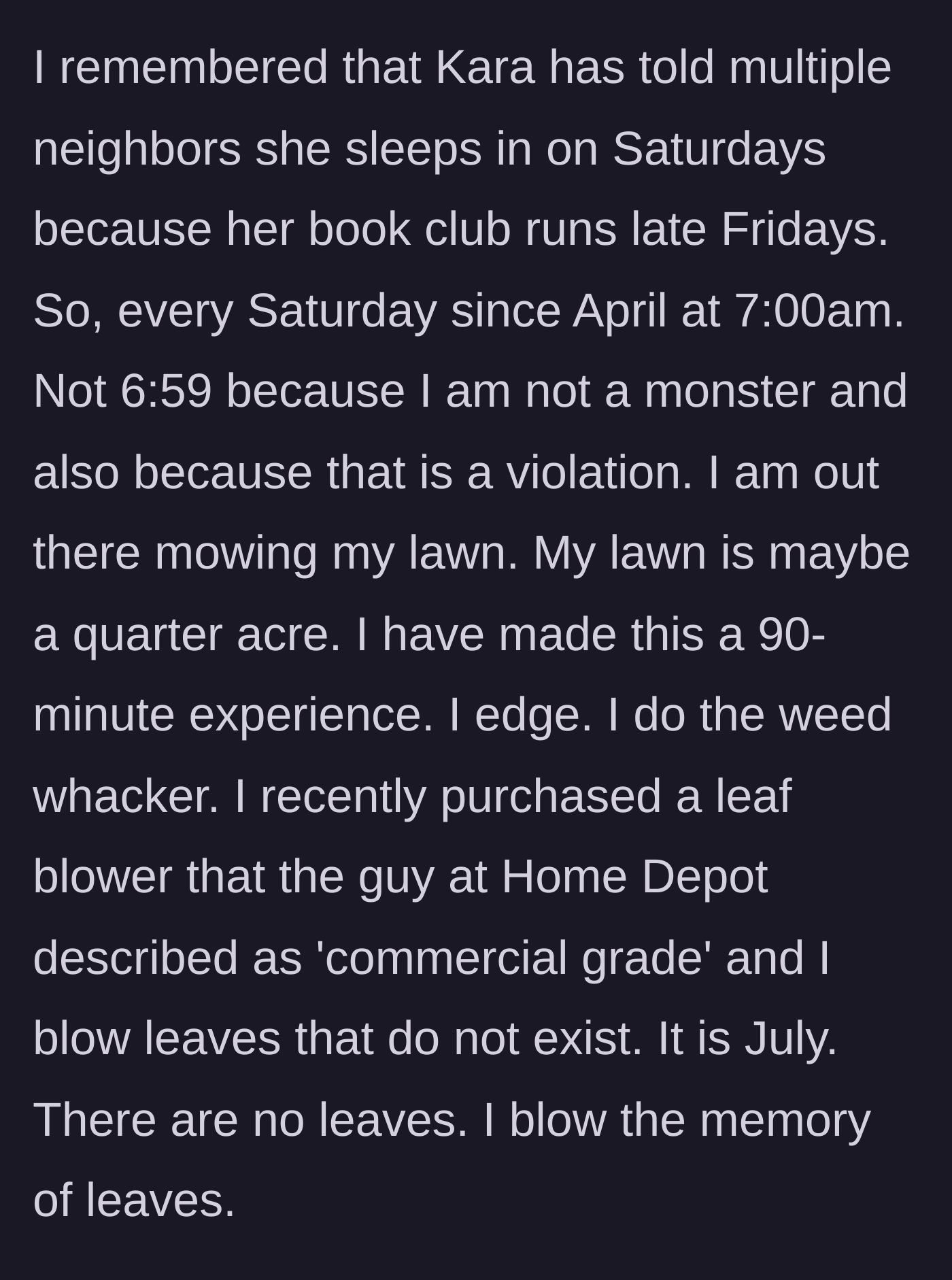 Story part 4 - The execution of the 7 AM Saturday morning lawn care routine, complete with a commercial leaf blower blowing non-existent leaves.