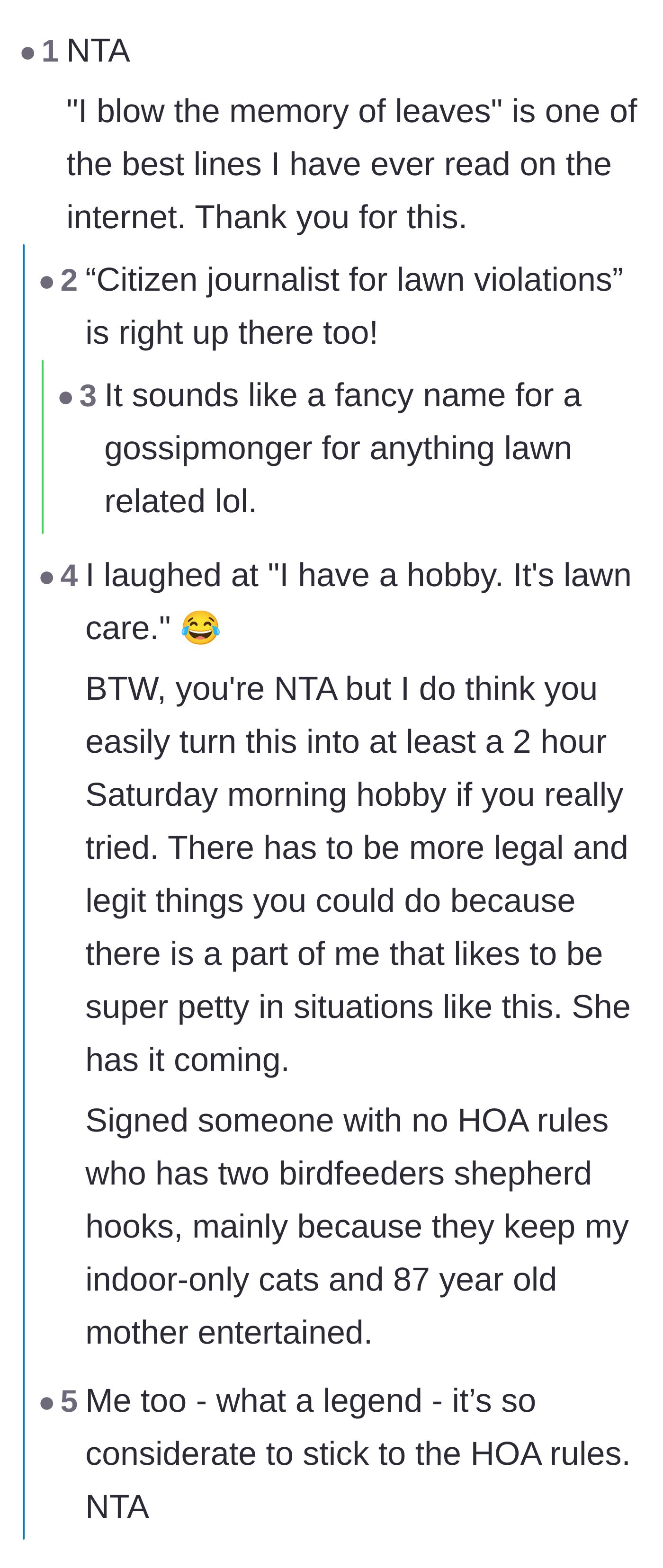 Comment thread 1 - Readers praising the homeowner's poetic writing and brainstorming ways to stretch the lawn care over the entire weekend.