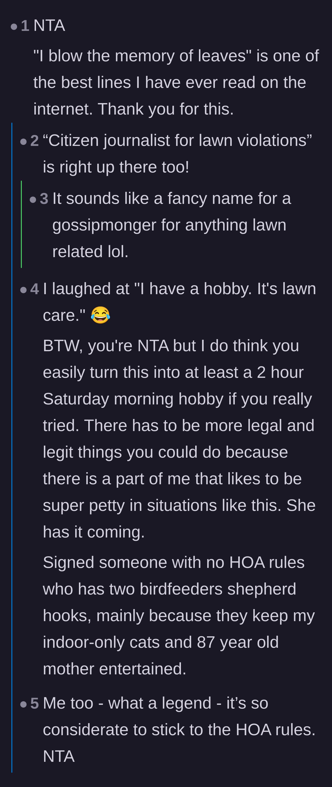 Comment thread 1 - Readers praising the homeowner's poetic writing and brainstorming ways to stretch the lawn care over the entire weekend.