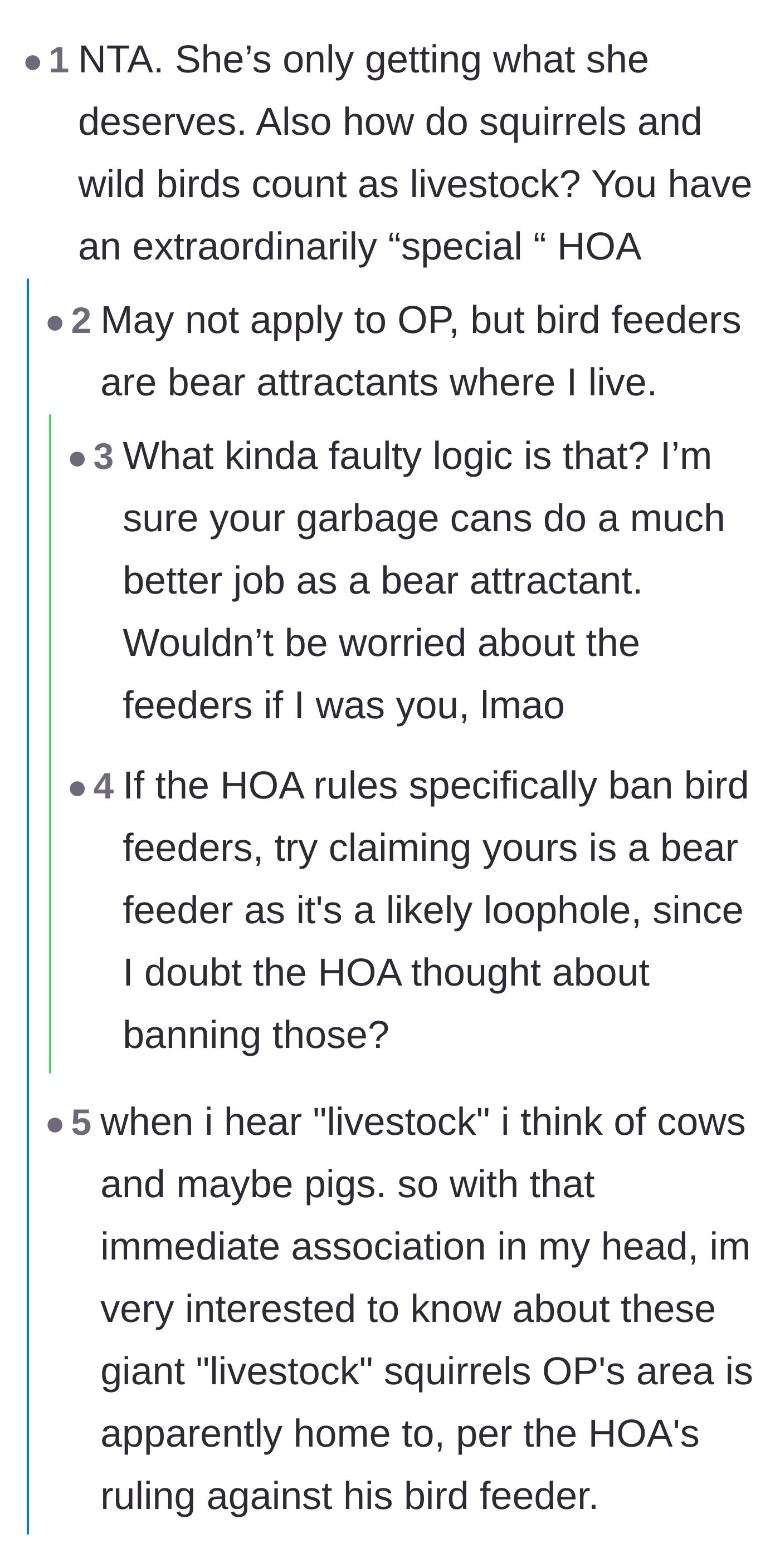 Comment thread 4 - A debate dissecting the legal definition of livestock and mocking the HOA's classification of a cardinal.