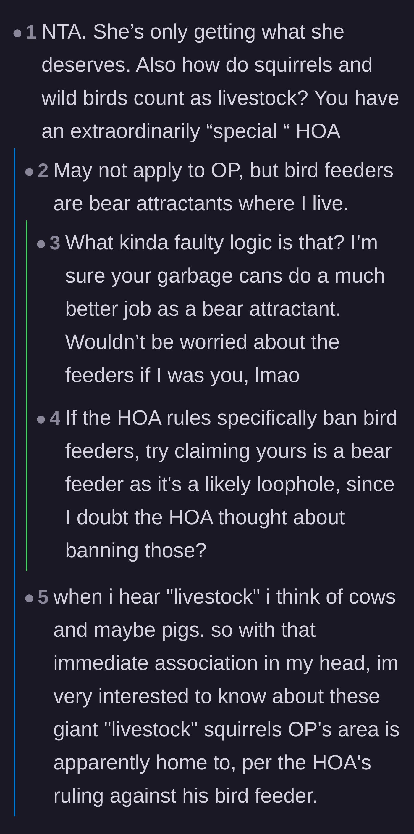 Comment thread 4 - A debate dissecting the legal definition of livestock and mocking the HOA's classification of a cardinal.