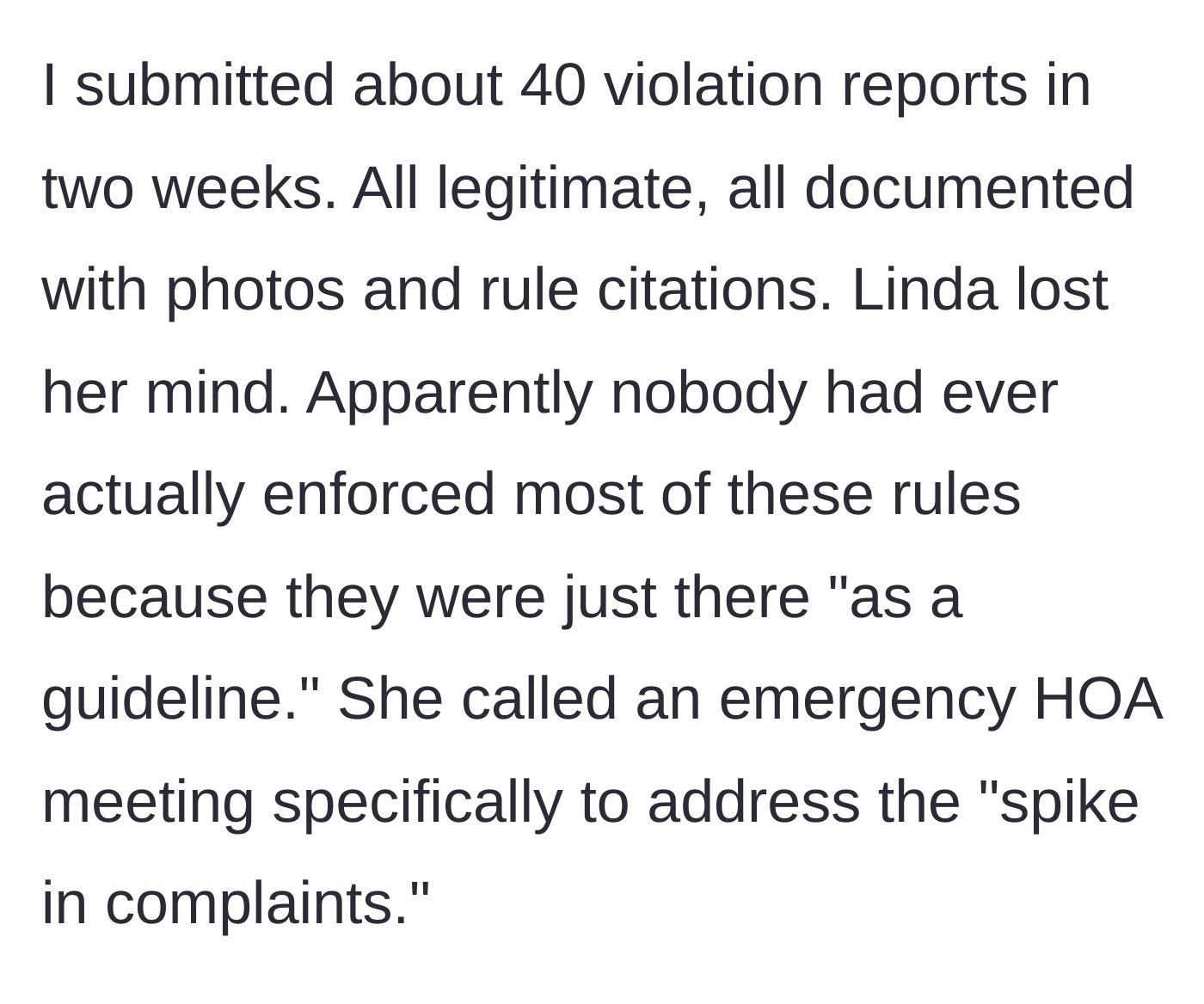 Story part 5 - The author submits 40 documented violation reports in two weeks, prompting Linda to call an emergency meeting.