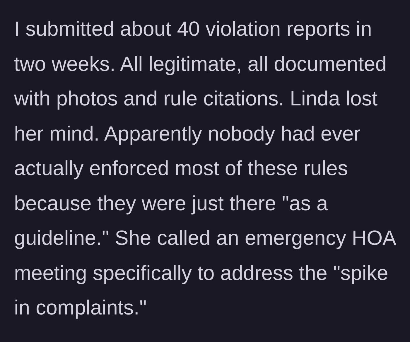 Story part 5 - The author submits 40 documented violation reports in two weeks, prompting Linda to call an emergency meeting.