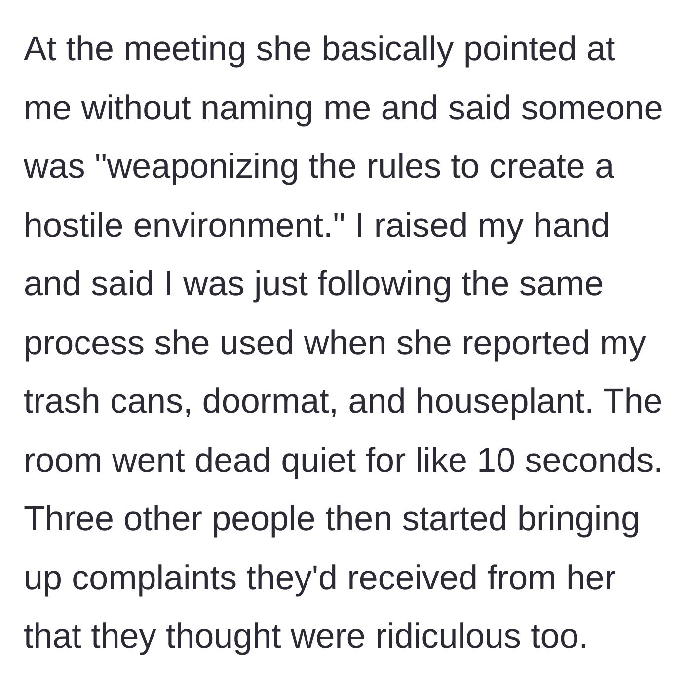 Story part 6 - At the meeting, Linda accuses the author of weaponizing rules, but he counters, sparking support from other neighbors.