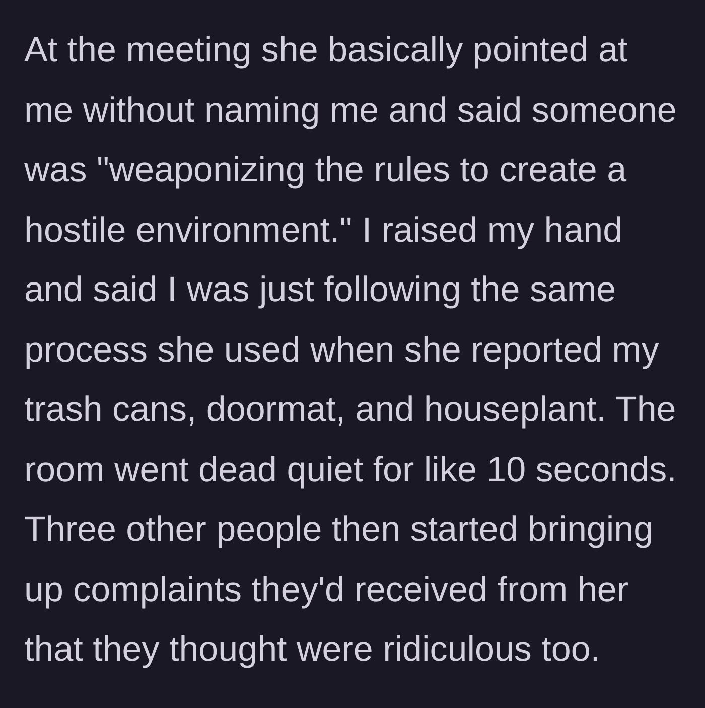 Story part 6 - At the meeting, Linda accuses the author of weaponizing rules, but he counters, sparking support from other neighbors.