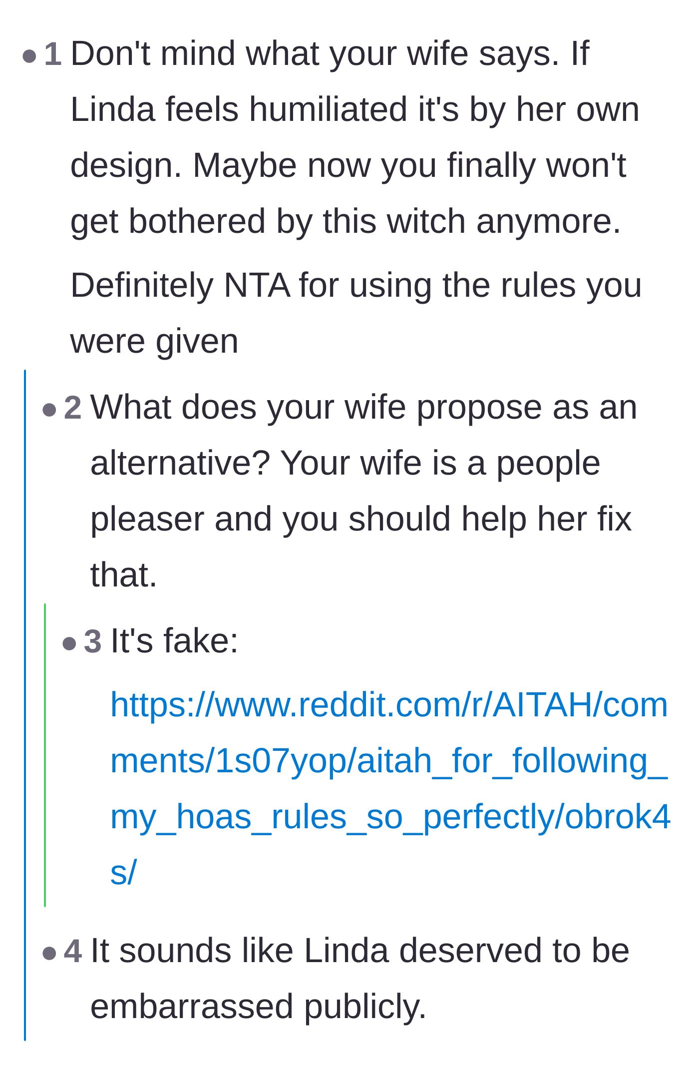 Comment thread 1 - Readers debating whether Linda brought the humiliation on herself and discussing the wife's reaction.