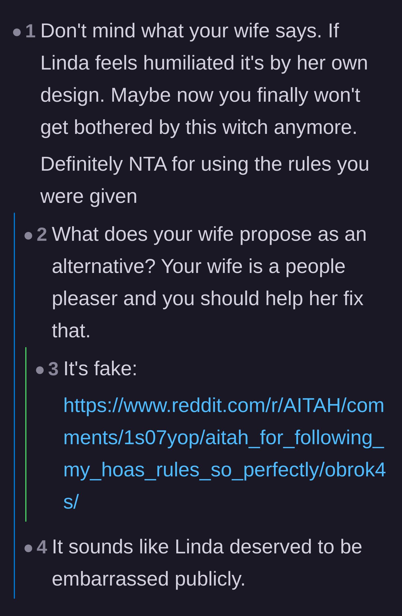 Comment thread 1 - Readers debating whether Linda brought the humiliation on herself and discussing the wife's reaction.