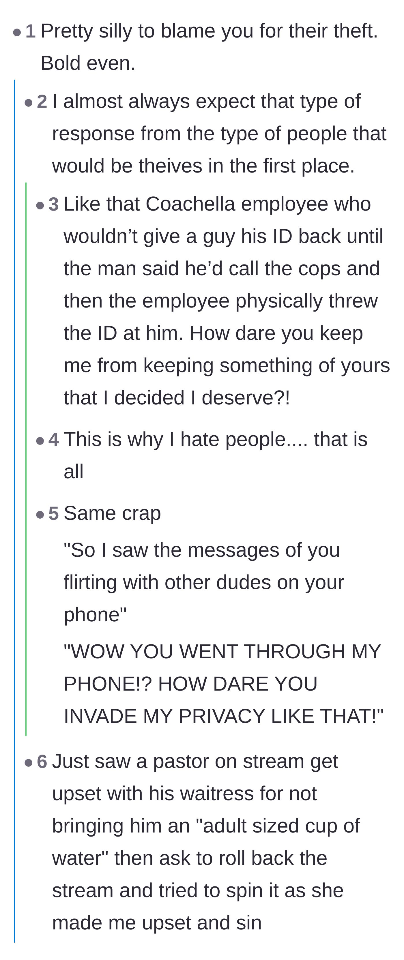 Comment thread 1 - Users discussing the sheer audacity of thieves getting mad when they are caught.