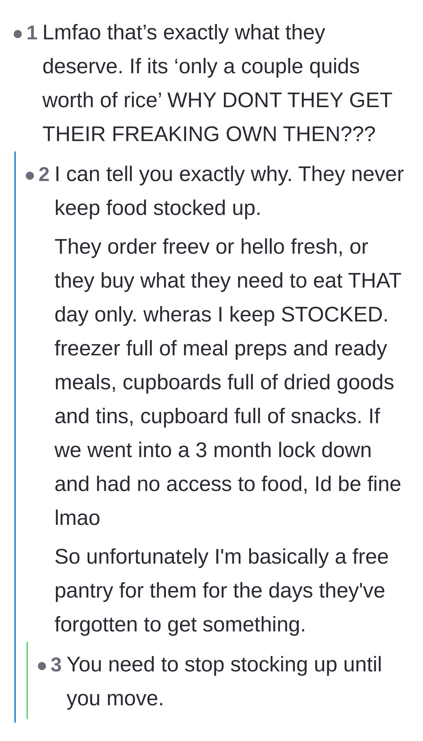 Comment thread 4 - A debate over why the roommates refuse to buy their own groceries, with the author explaining her pantry setup.