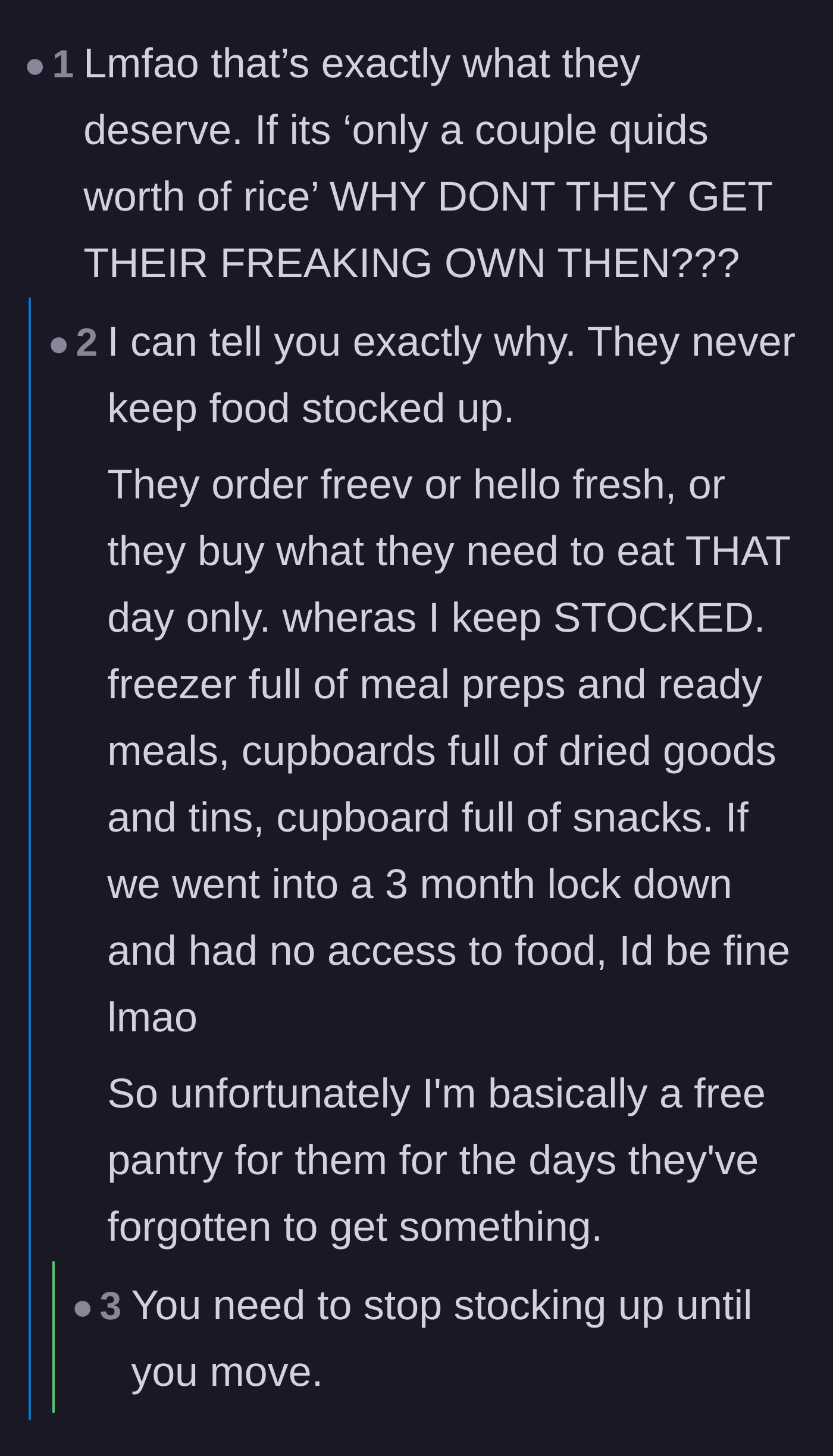 Comment thread 4 - A debate over why the roommates refuse to buy their own groceries, with the author explaining her pantry setup.