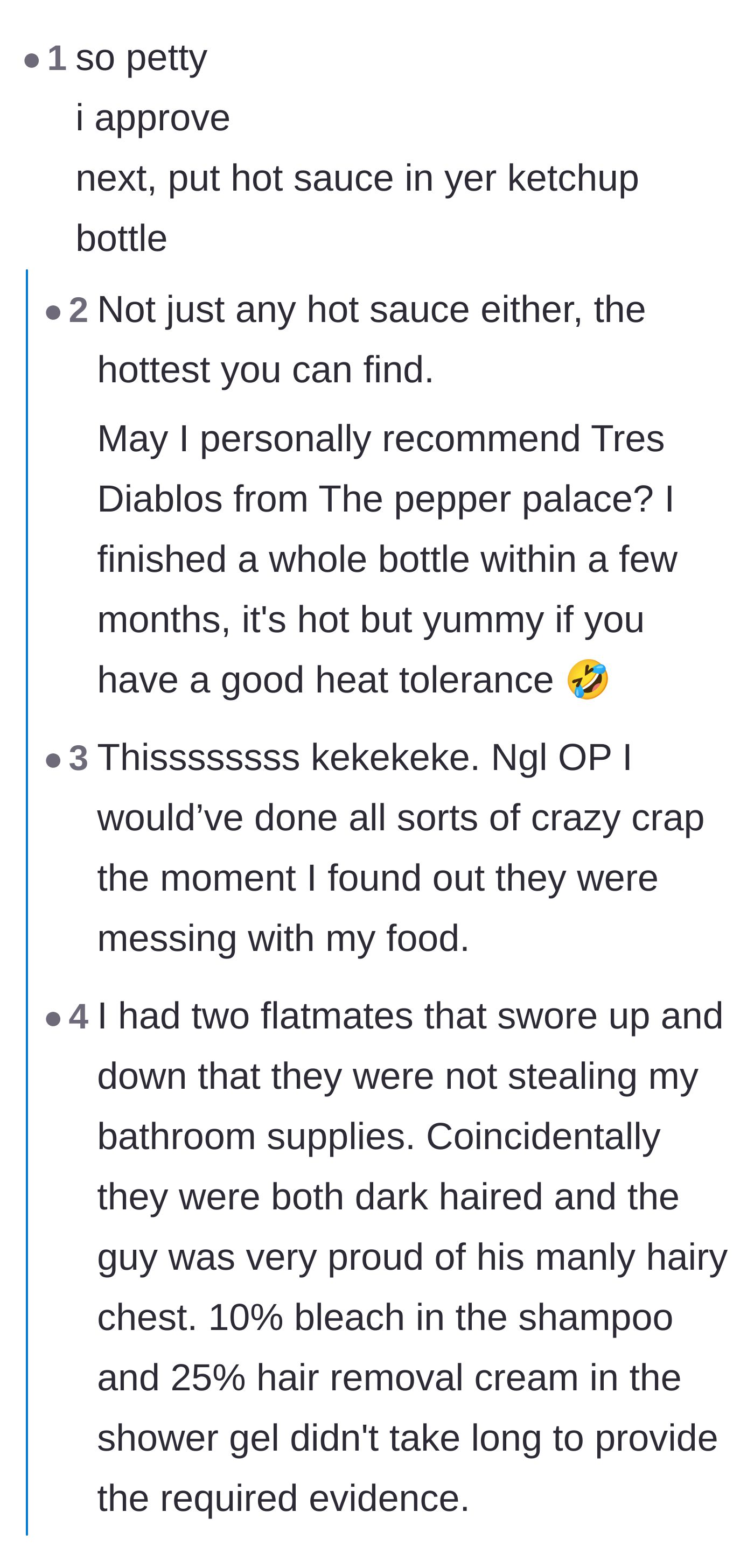 Comment thread 5 - Users suggesting increasingly spicy food traps and sharing stories of booby-trapped shampoo.