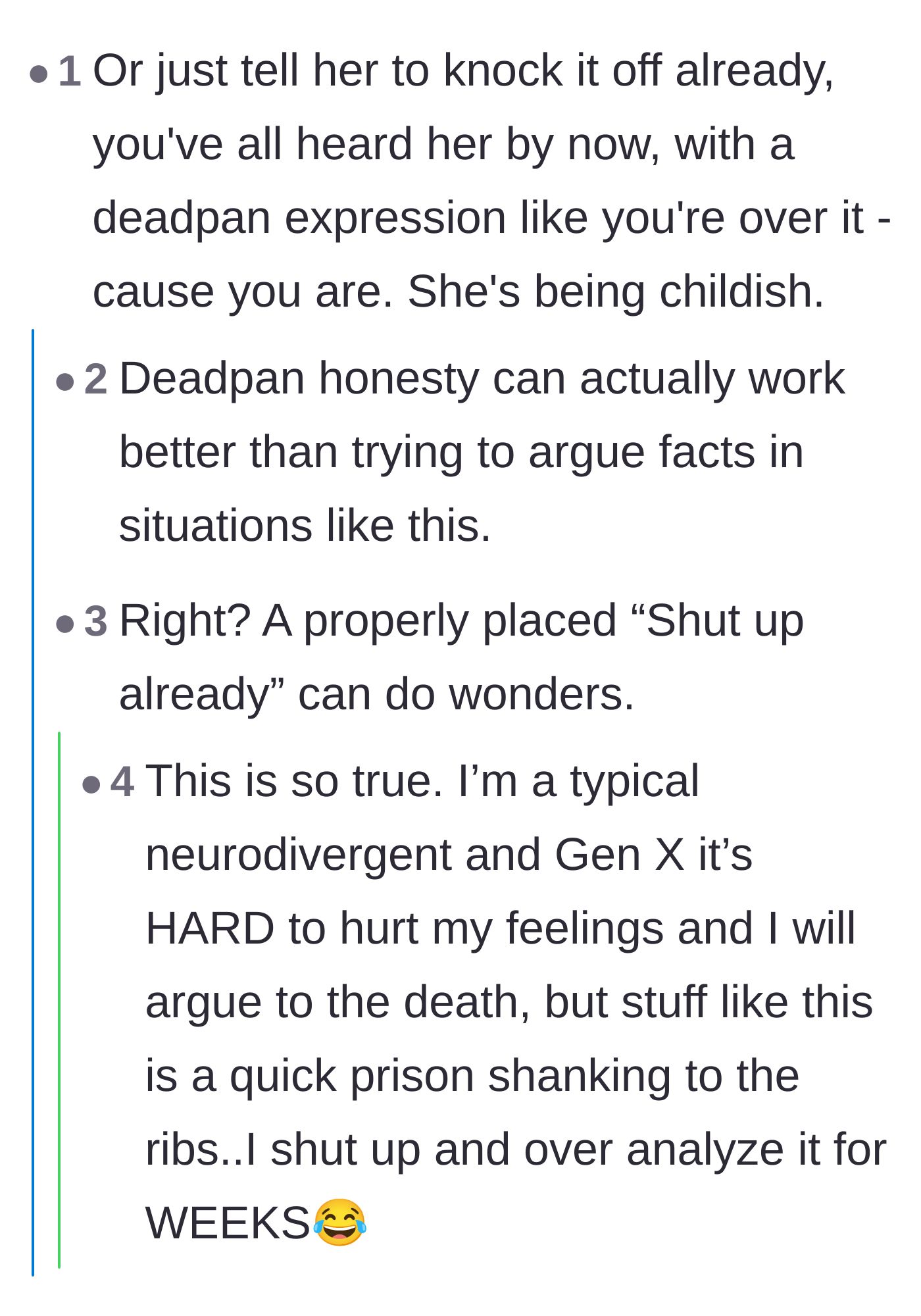Comment thread 2 - Readers suggesting a deadpan, blunt approach to simply tell the guest to stop talking about her diet.