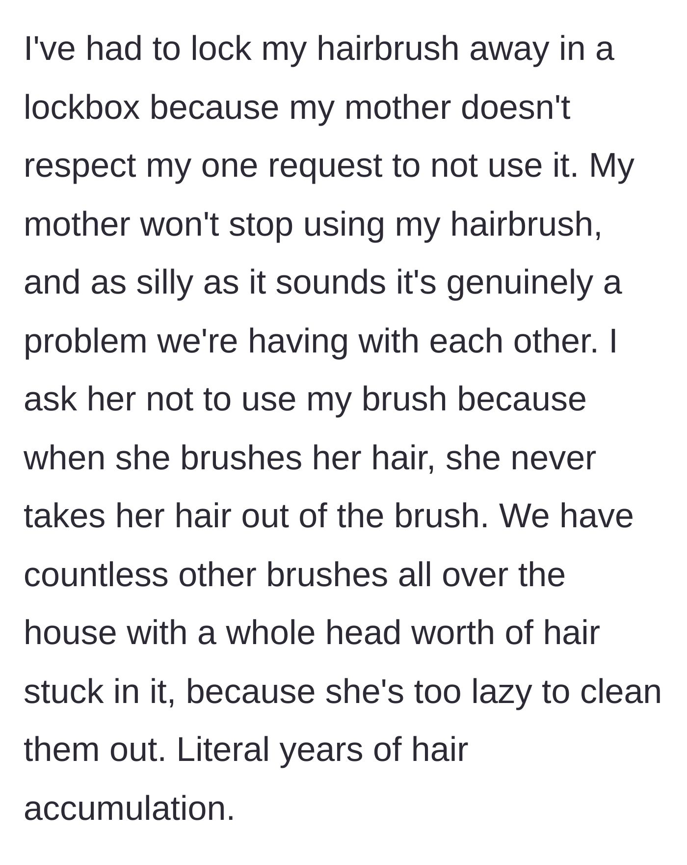 Story part 1 - A bathroom counter covered in multiple hairbrushes, all heavily tangled with huge clumps of loose hair.