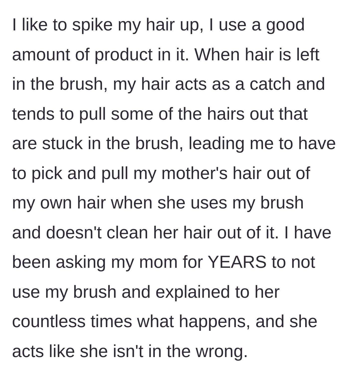 Story part 2 - A person with heavily gelled, spiked hair cringing while pulling someone else's long loose hairs out of their own head.
