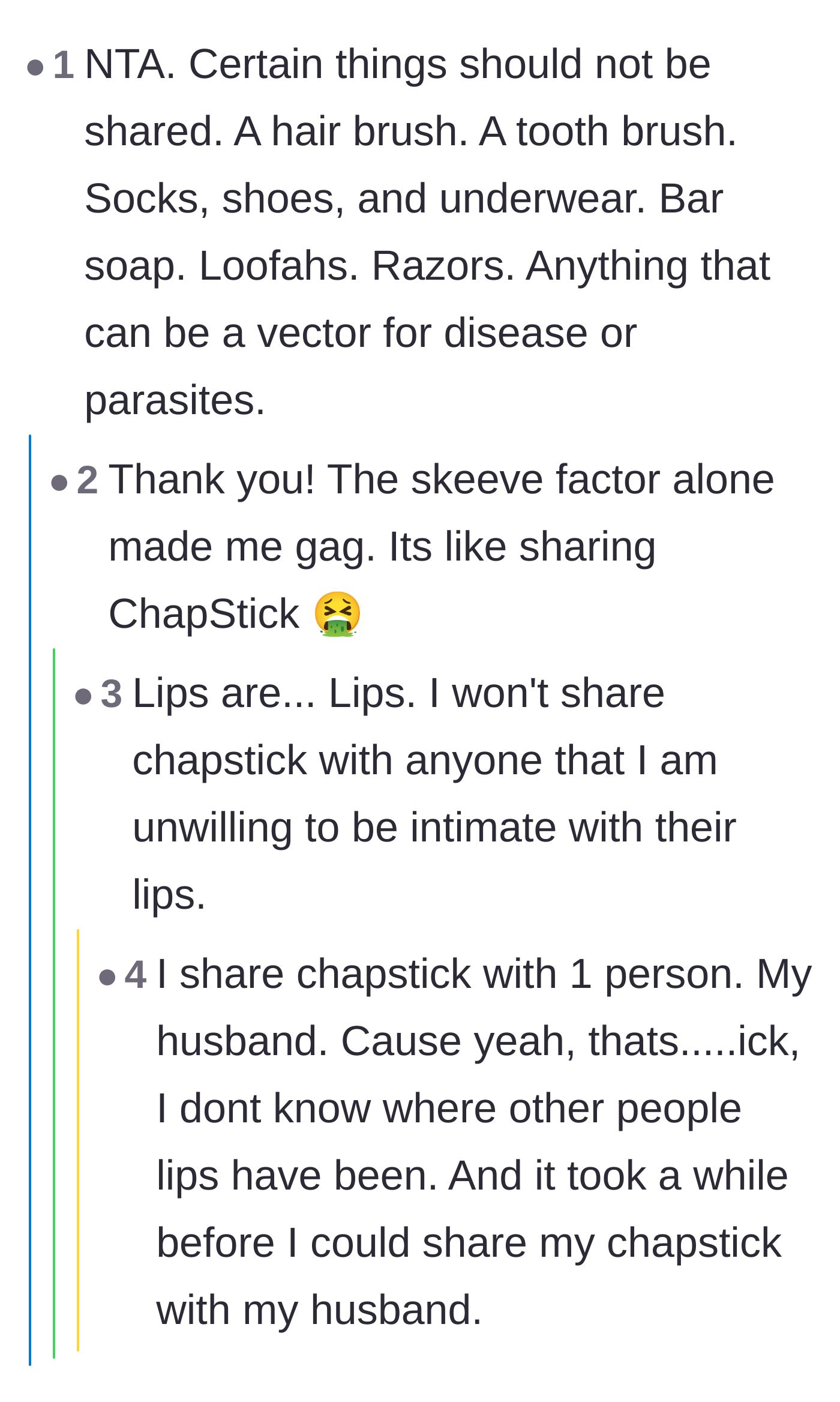 Comment thread 2 - A discussion listing personal hygiene items that should never be shared, comparing it to the grossness of sharing lip balm.