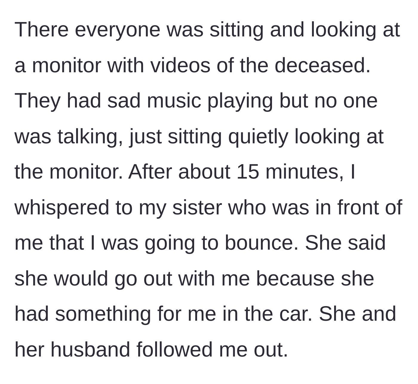 Story part 3 - Relatives sitting in total silence watching a memorial video on a monitor.