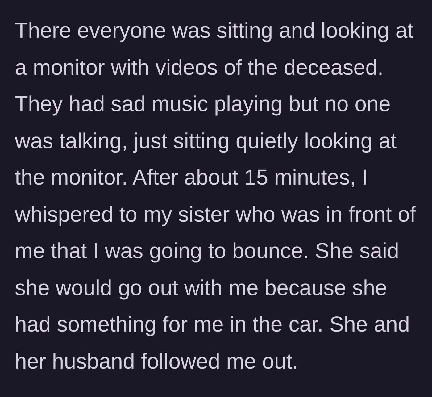 Story part 3 - Relatives sitting in total silence watching a memorial video on a monitor.