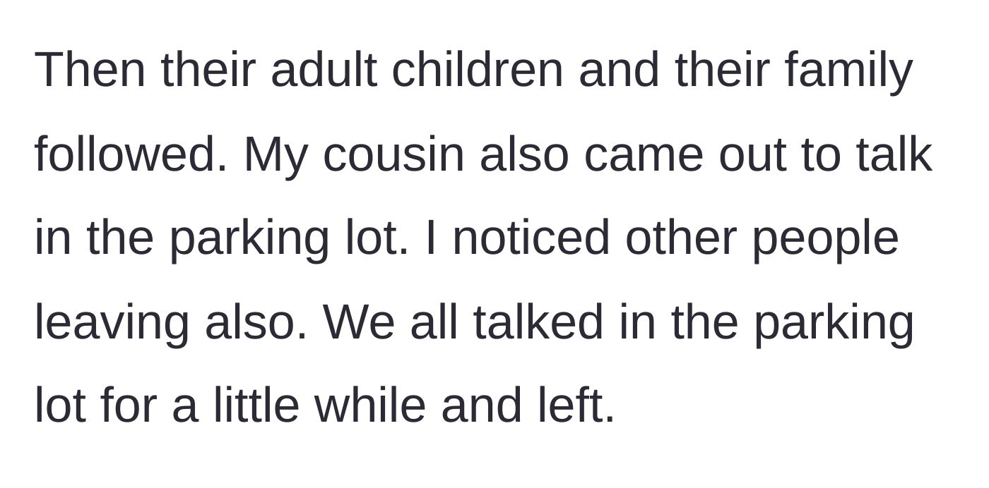 Story part 4 - A crowd of family members talking in the funeral home parking lot.