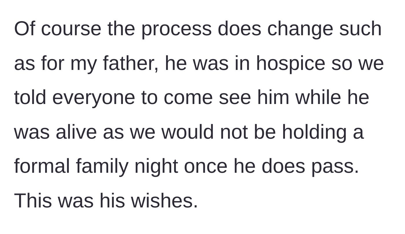 Story part 7 - Remembering past family losses and honoring different final wishes.