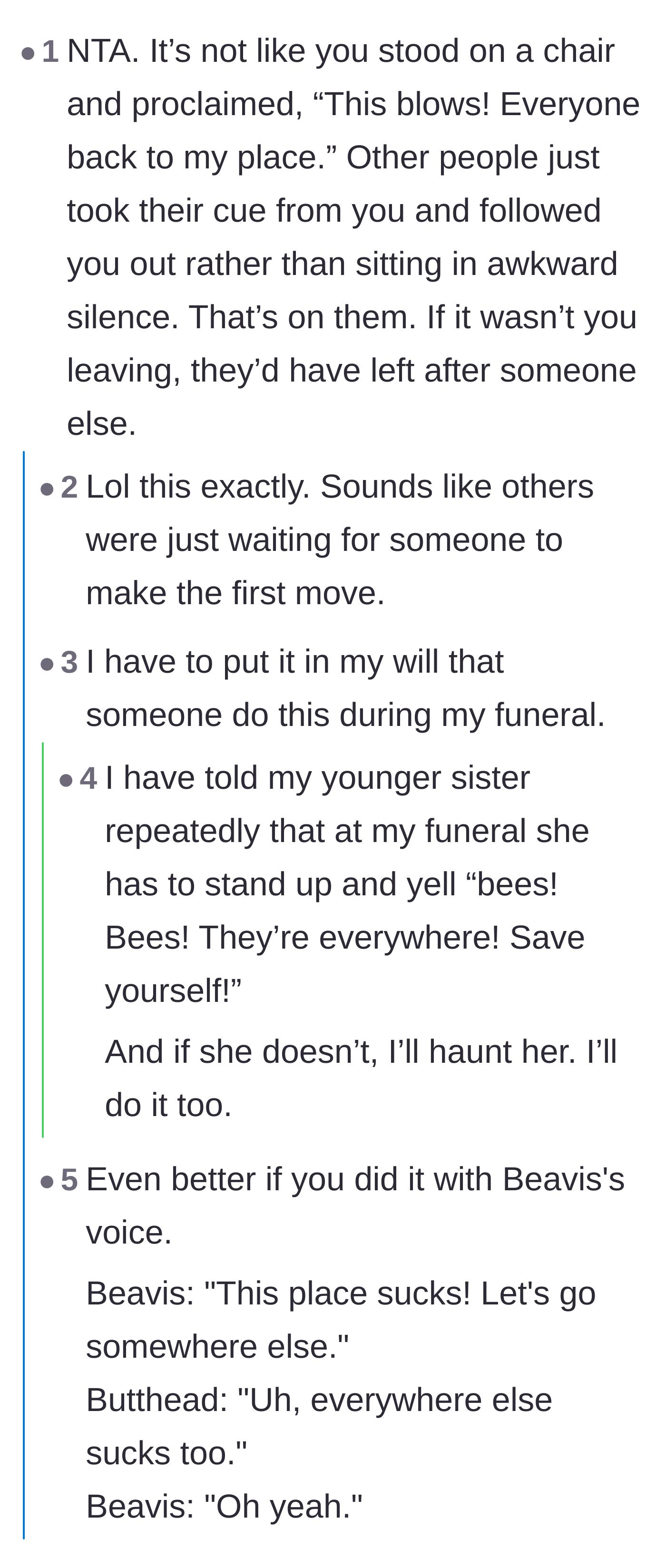 Comment thread 1 - Readers defending the narrator for giving others a quiet out, with replies sharing funny funeral instructions.