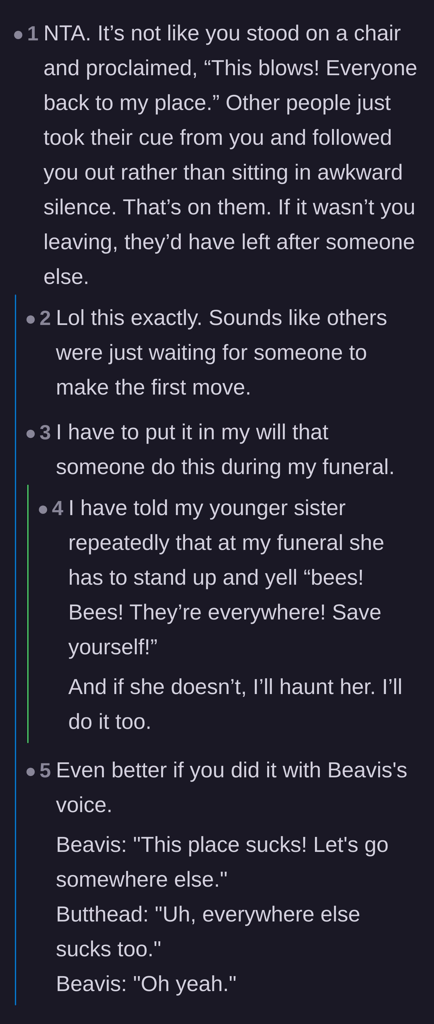 Comment thread 1 - Readers defending the narrator for giving others a quiet out, with replies sharing funny funeral instructions.