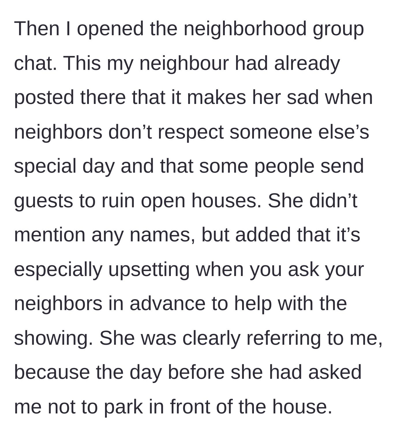 Story part 4 - The neighbor vaguely posts in the group chat, publicly shaming the main character without naming them directly.