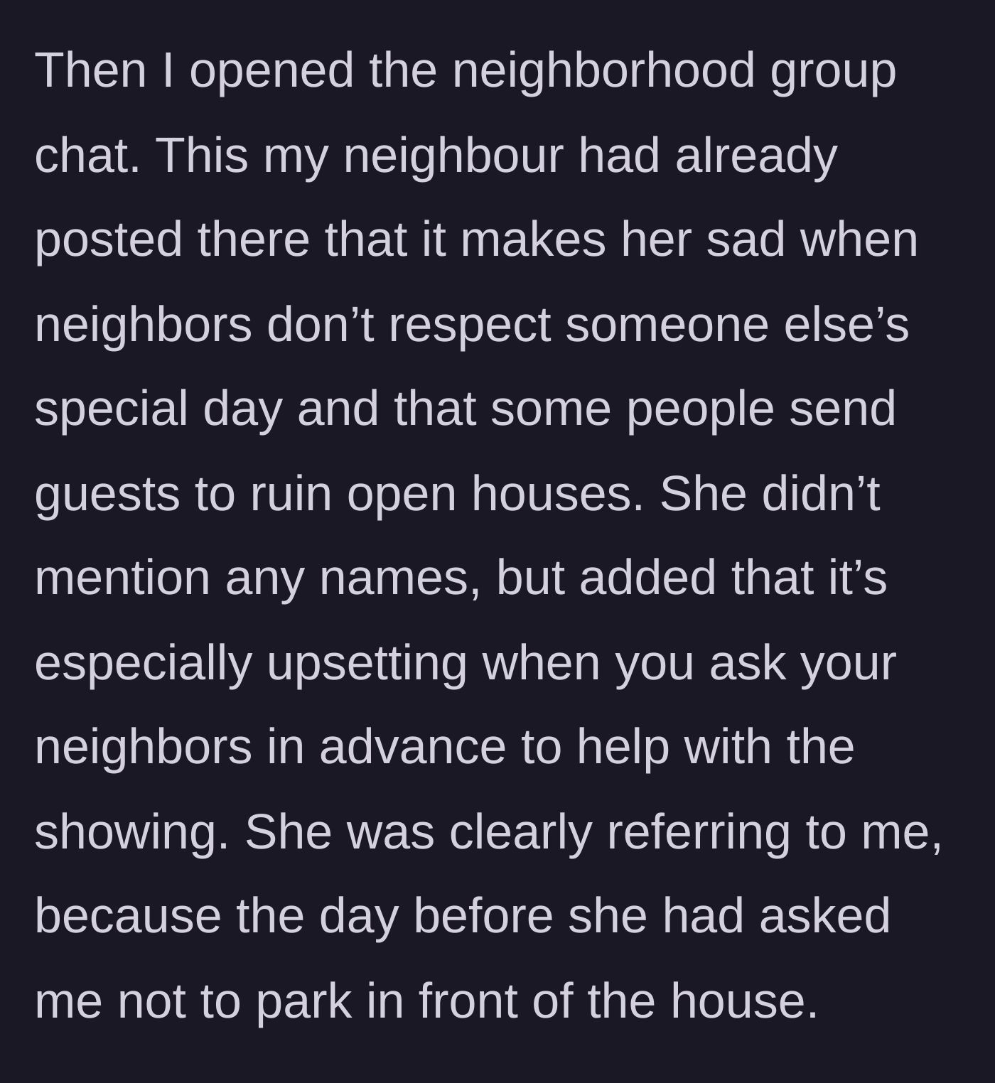 Story part 4 - The neighbor vaguely posts in the group chat, publicly shaming the main character without naming them directly.