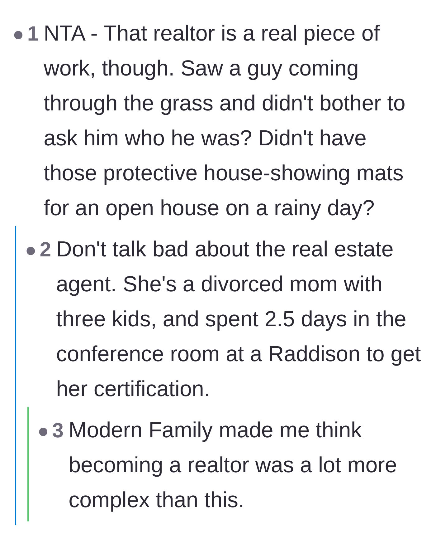 Comment thread 4 - A humorous debate critiquing the realtor's lack of professionalism and failure to use protective floor mats on a rainy day.