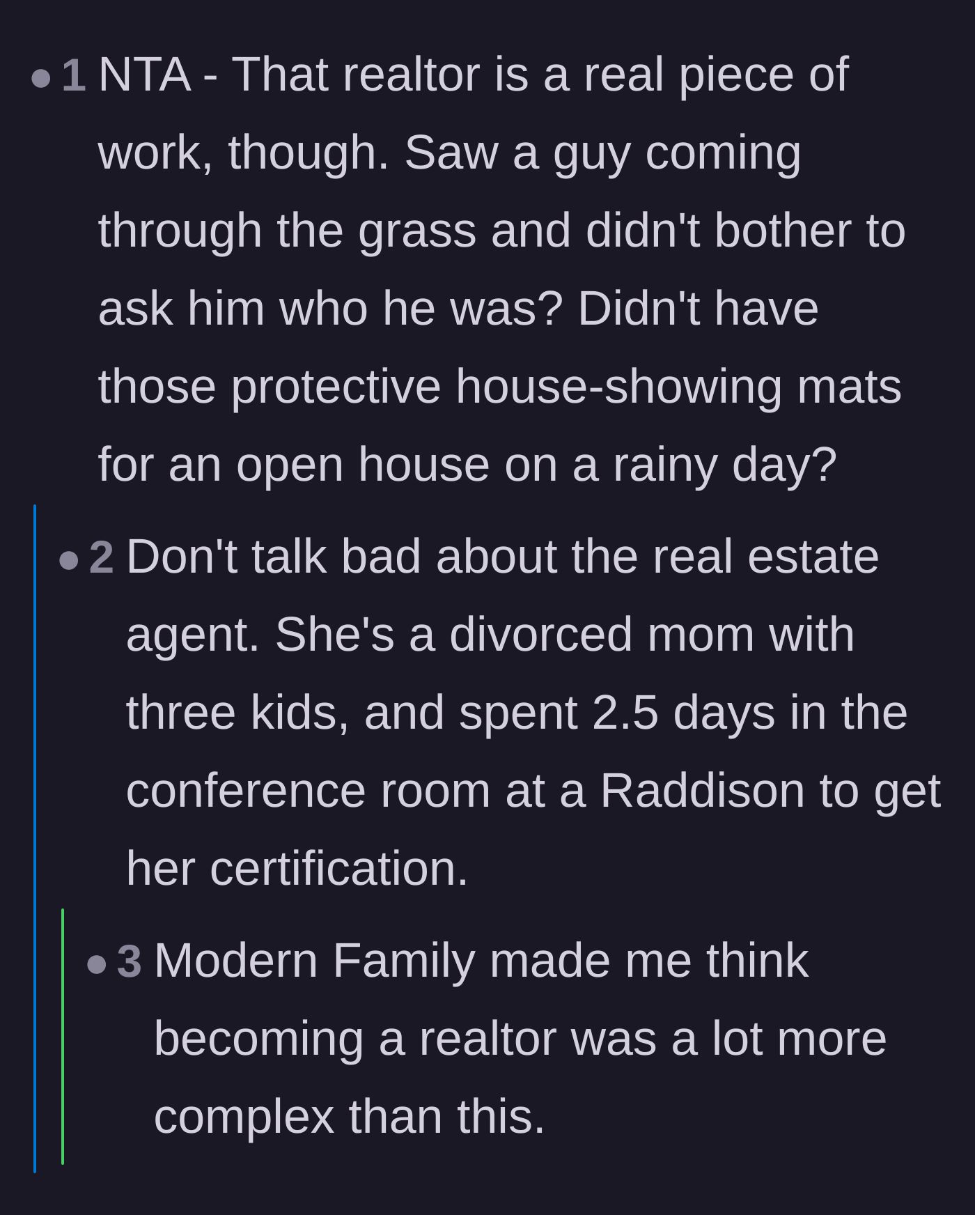 Comment thread 4 - A humorous debate critiquing the realtor's lack of professionalism and failure to use protective floor mats on a rainy day.